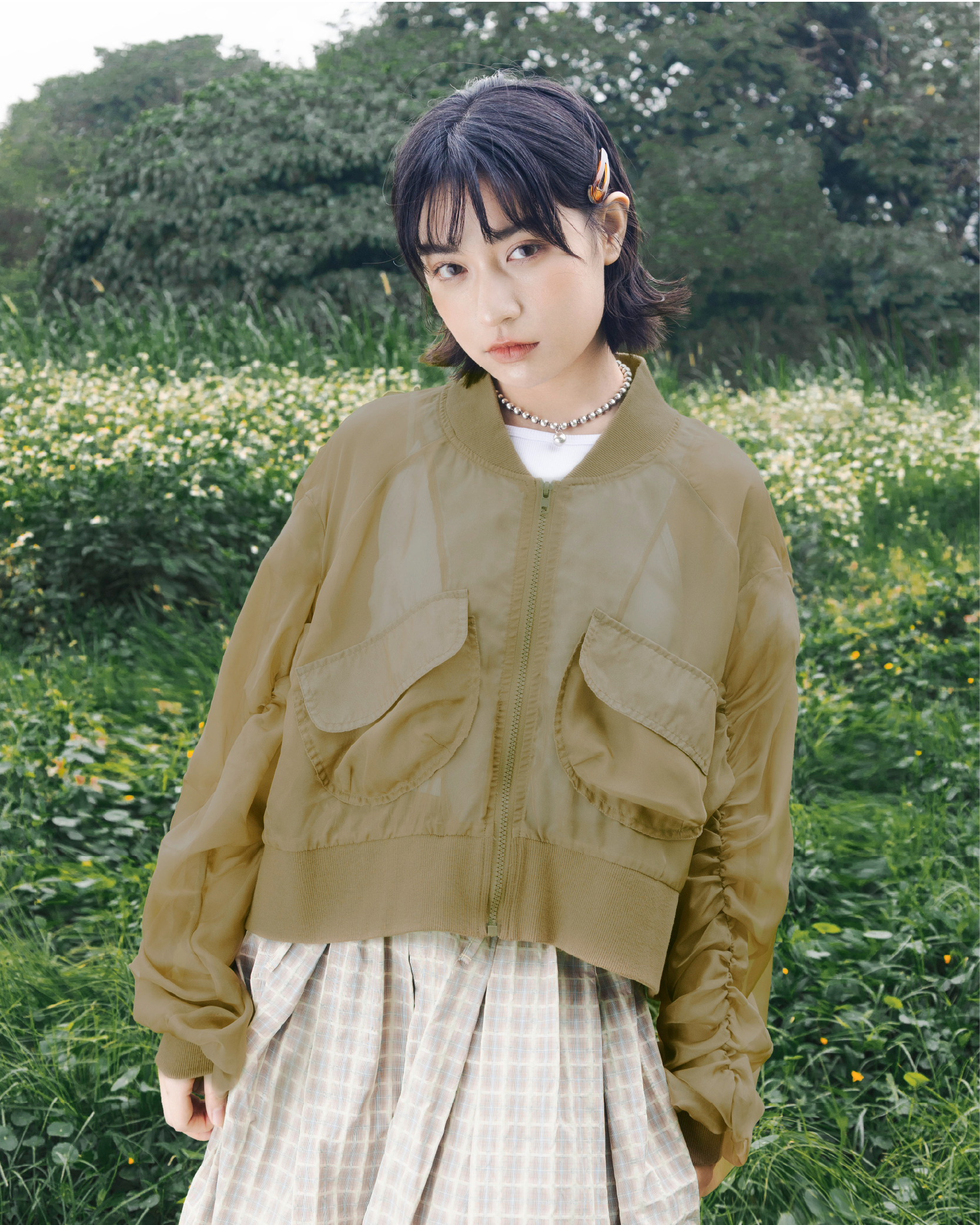 【 Kiki.co made 】see-through wrinkles crop jacket - olive