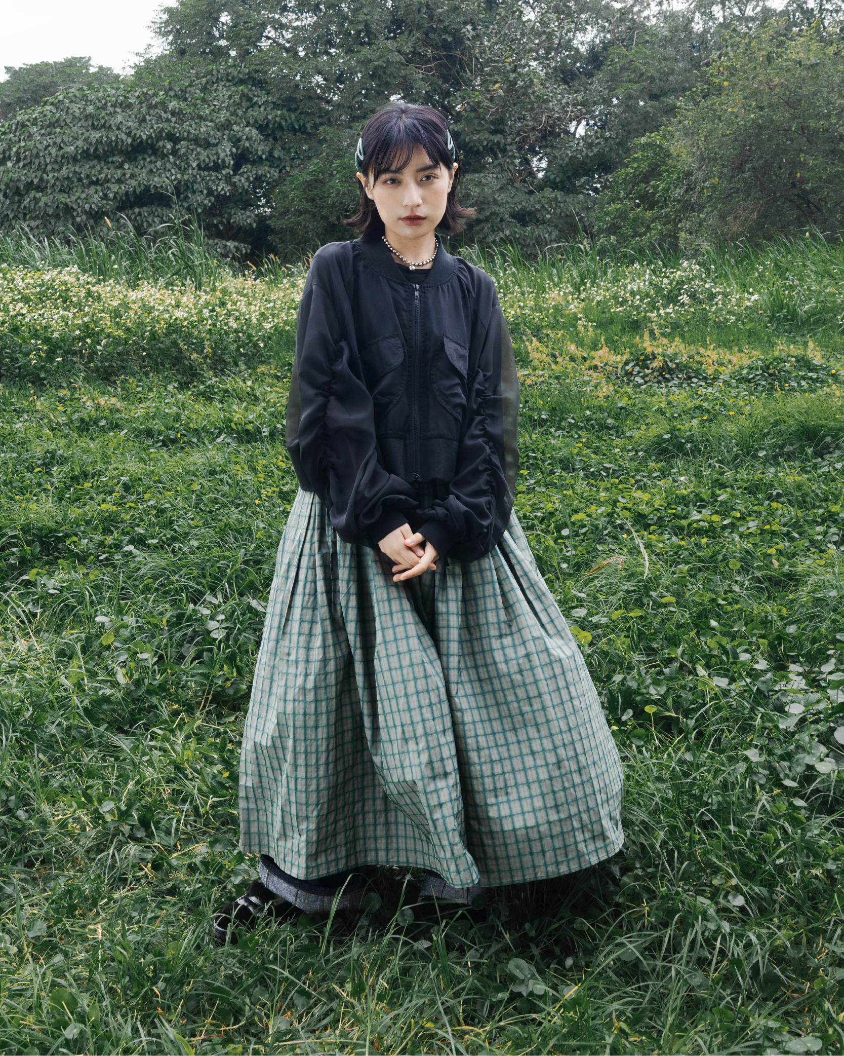 【 Kiki.co made 】see-through wrinkles crop jacket - black