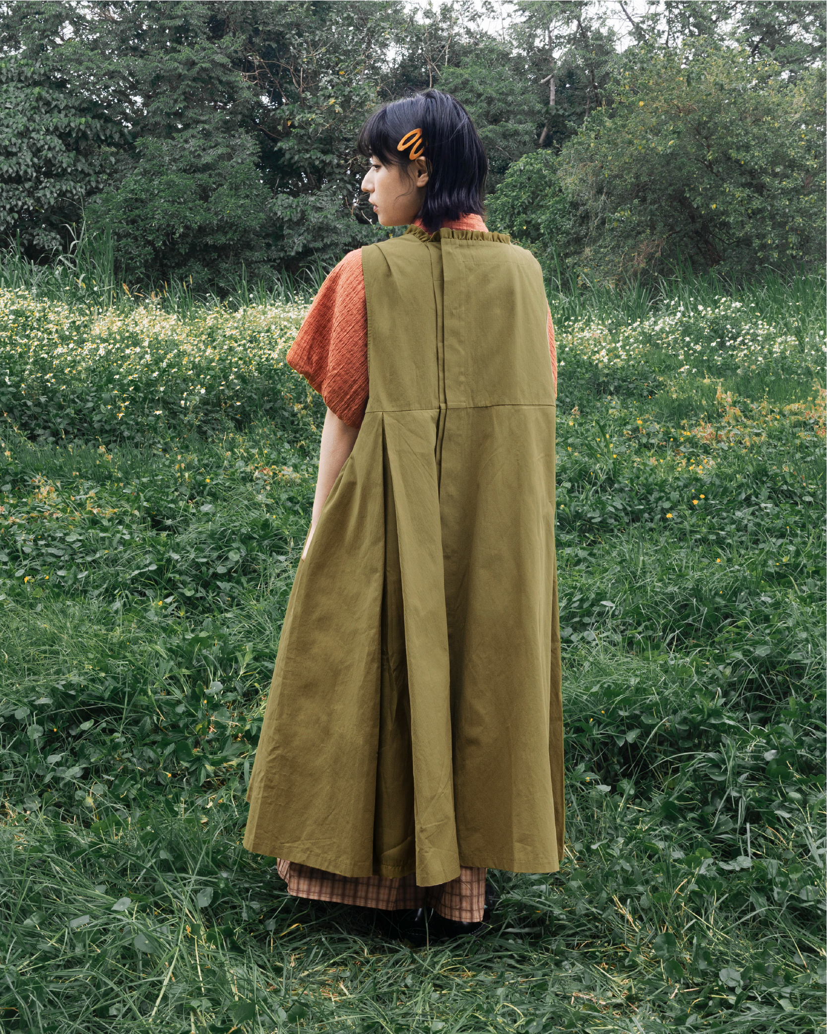 【 Kiki.co made 】two-way square collar onepiece - olive