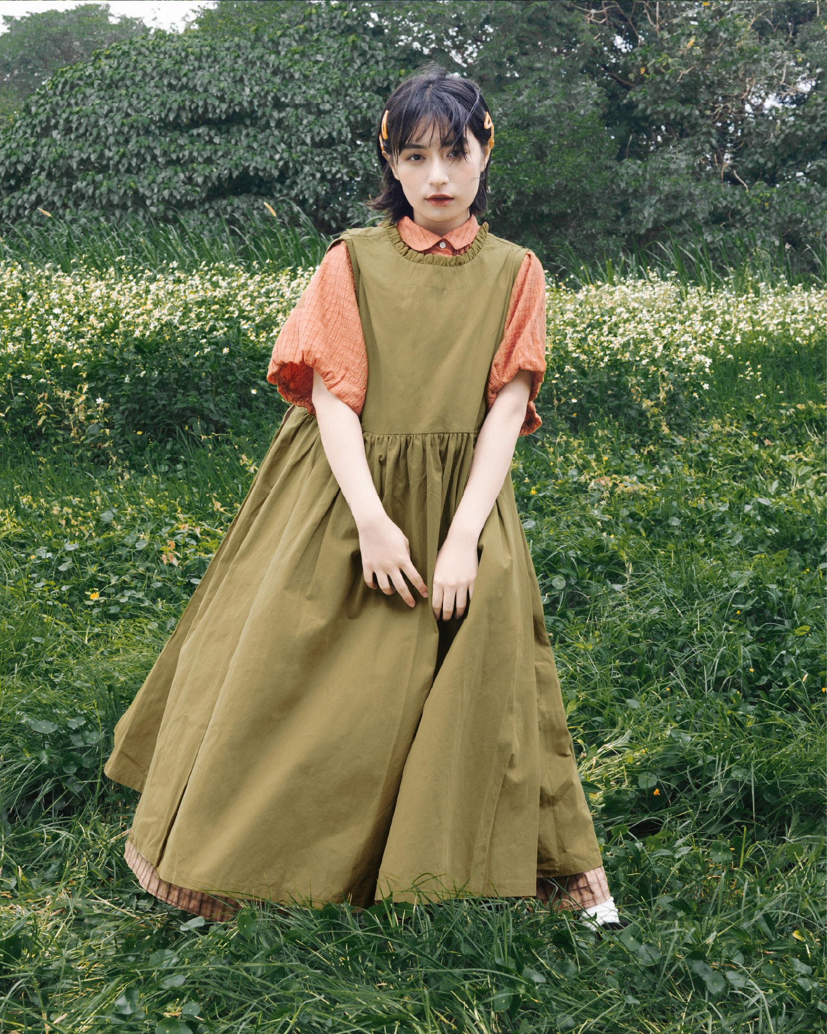 【 Kiki.co made 】two-way square collar onepiece - olive