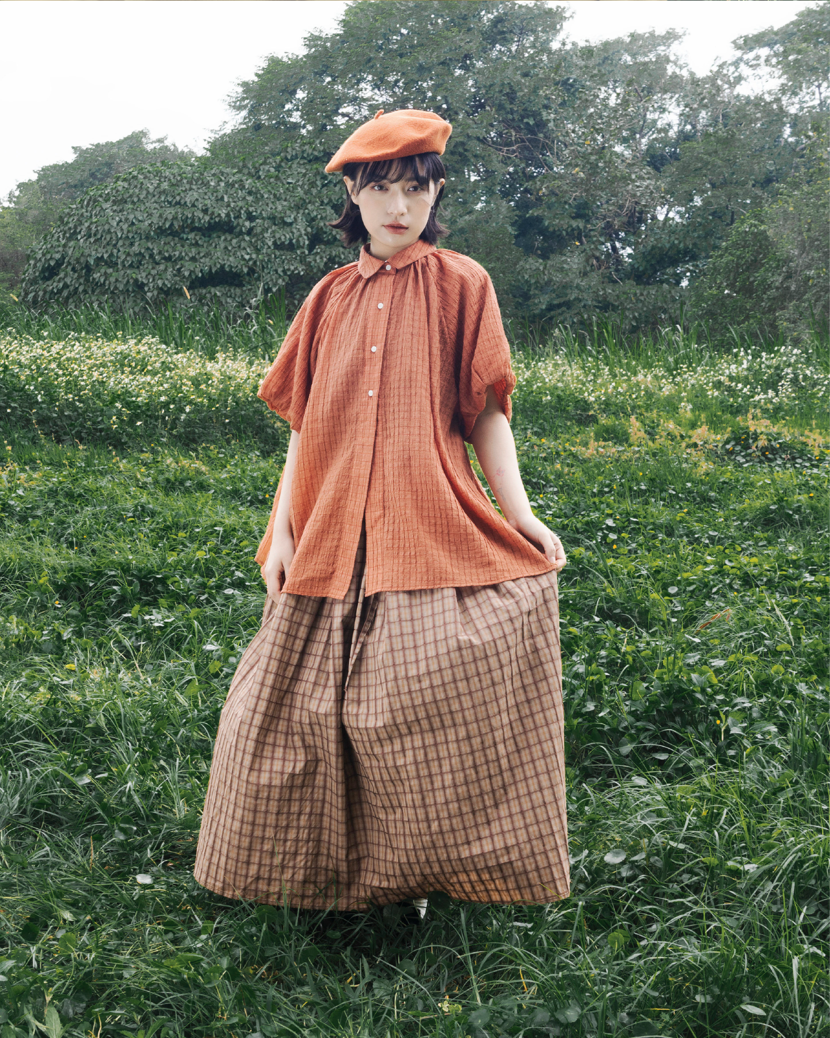 【 Kiki.co made 】 summer lattice texture skirt dark - orange