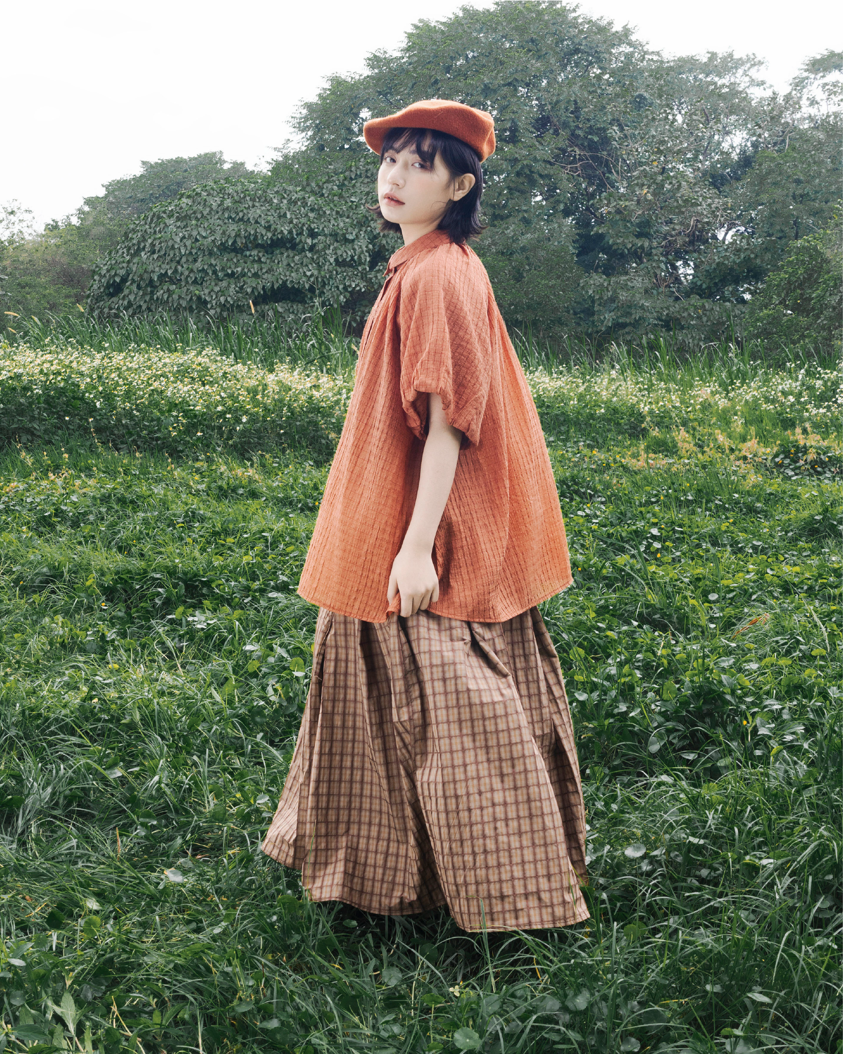 【 Kiki.co made 】 summer lattice texture skirt dark - orange