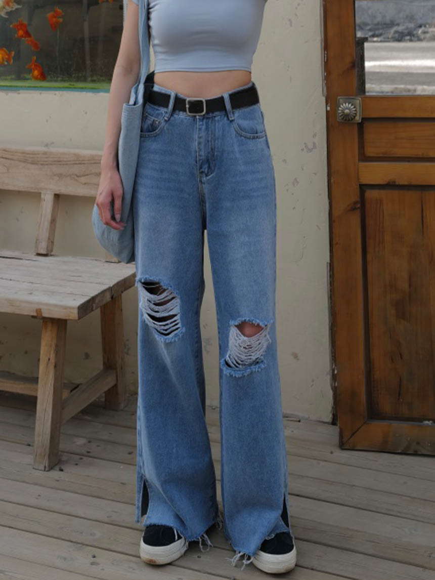 褲管開衩破壞牛仔寬褲*2色