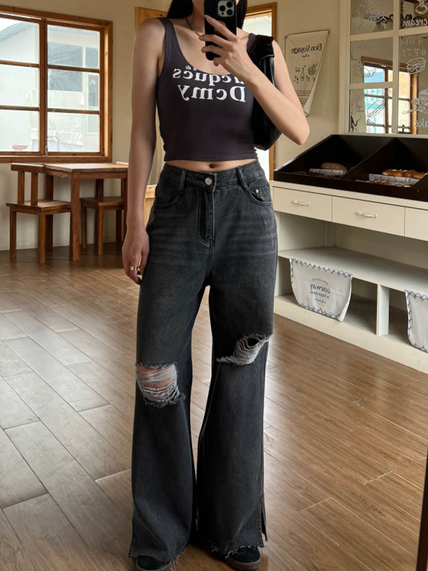 褲管開衩破壞牛仔寬褲*2色