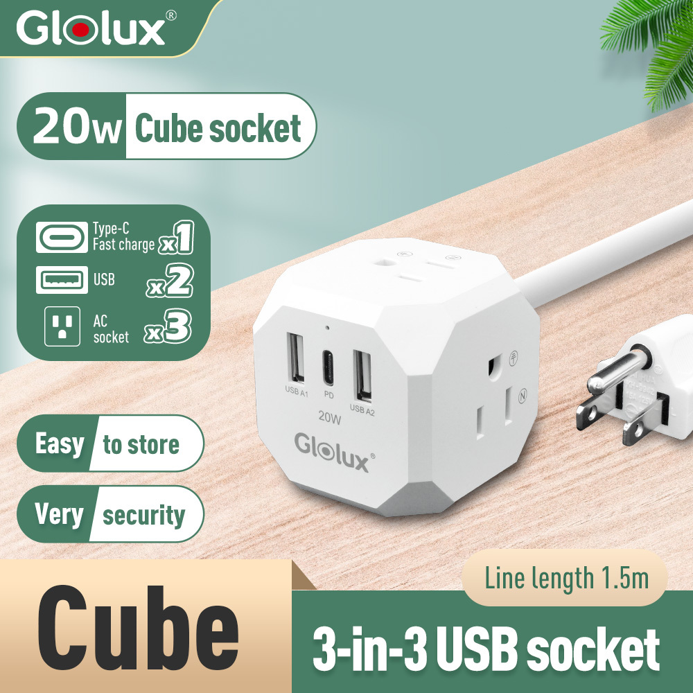 GLOLUX | Multi Plug Outlet Extender / USB-C Power Strip (EC100-20W3AB)