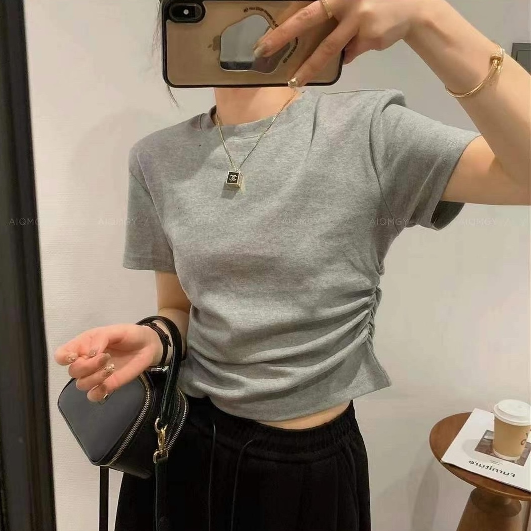 側抓皺素面太空棉上衣