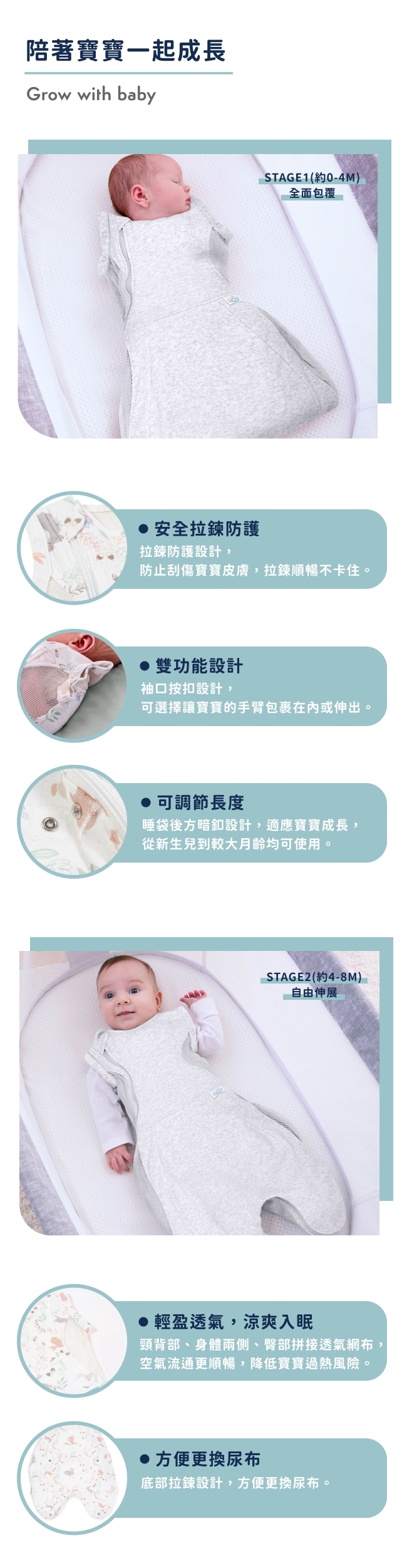 Purflo 新生兒舒眠防踢睡袍(0-8M)/靜謐灰 產品細節介紹