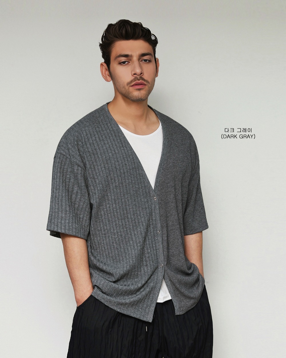 不對稱羅紋設計寬鬆短袖開襟衫