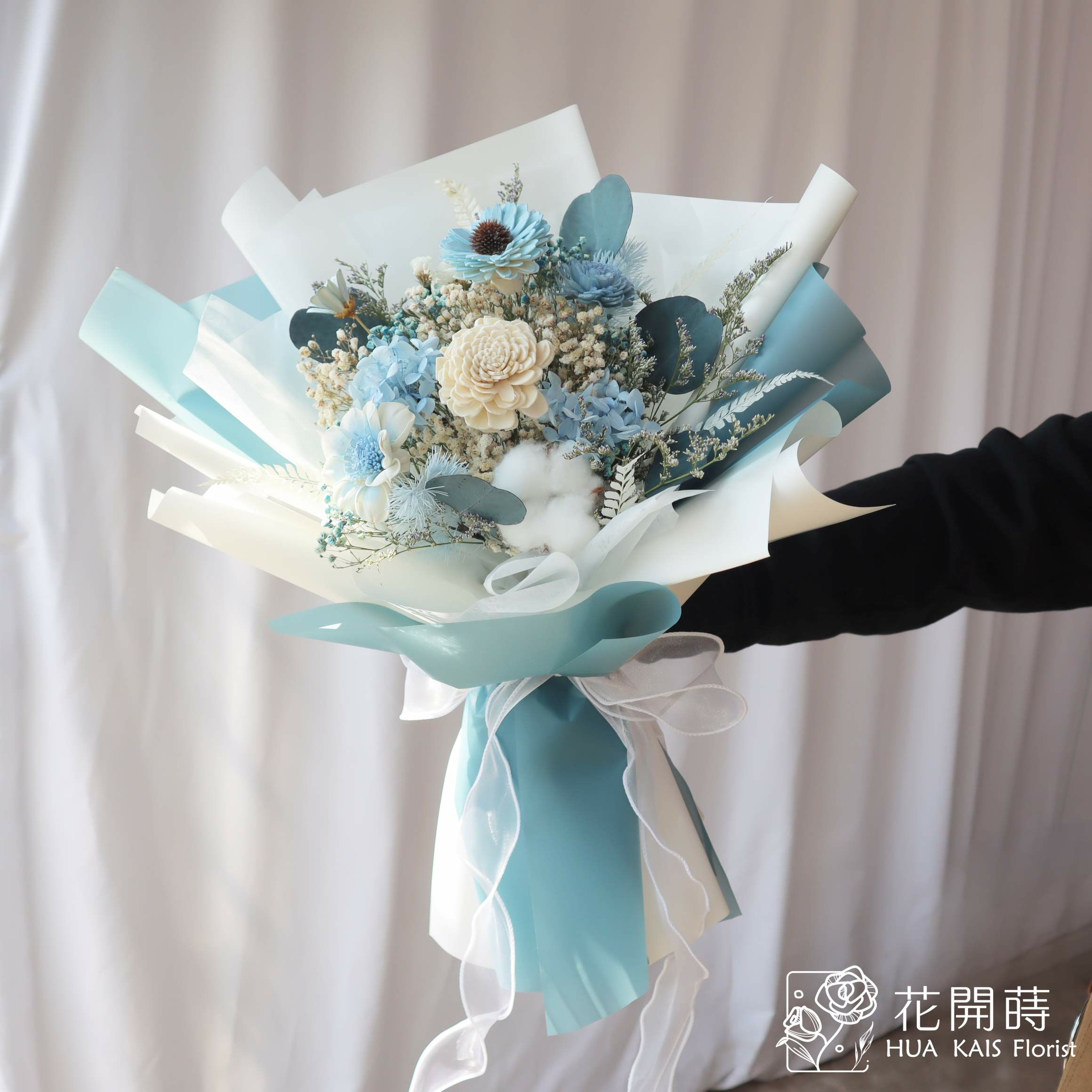 乾燥花束|藍太陽花乾燥花束(L)|中型花束|永生花|成交花束|畢業花束|母親節花束