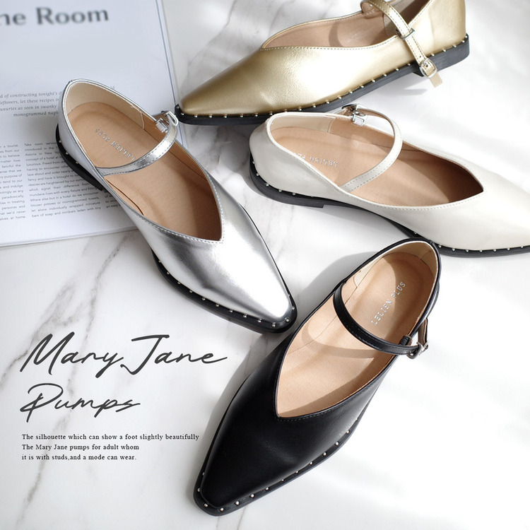 時尚尖端 V開口鉚釘鑲邊瑪莉珍鞋【KK2001】