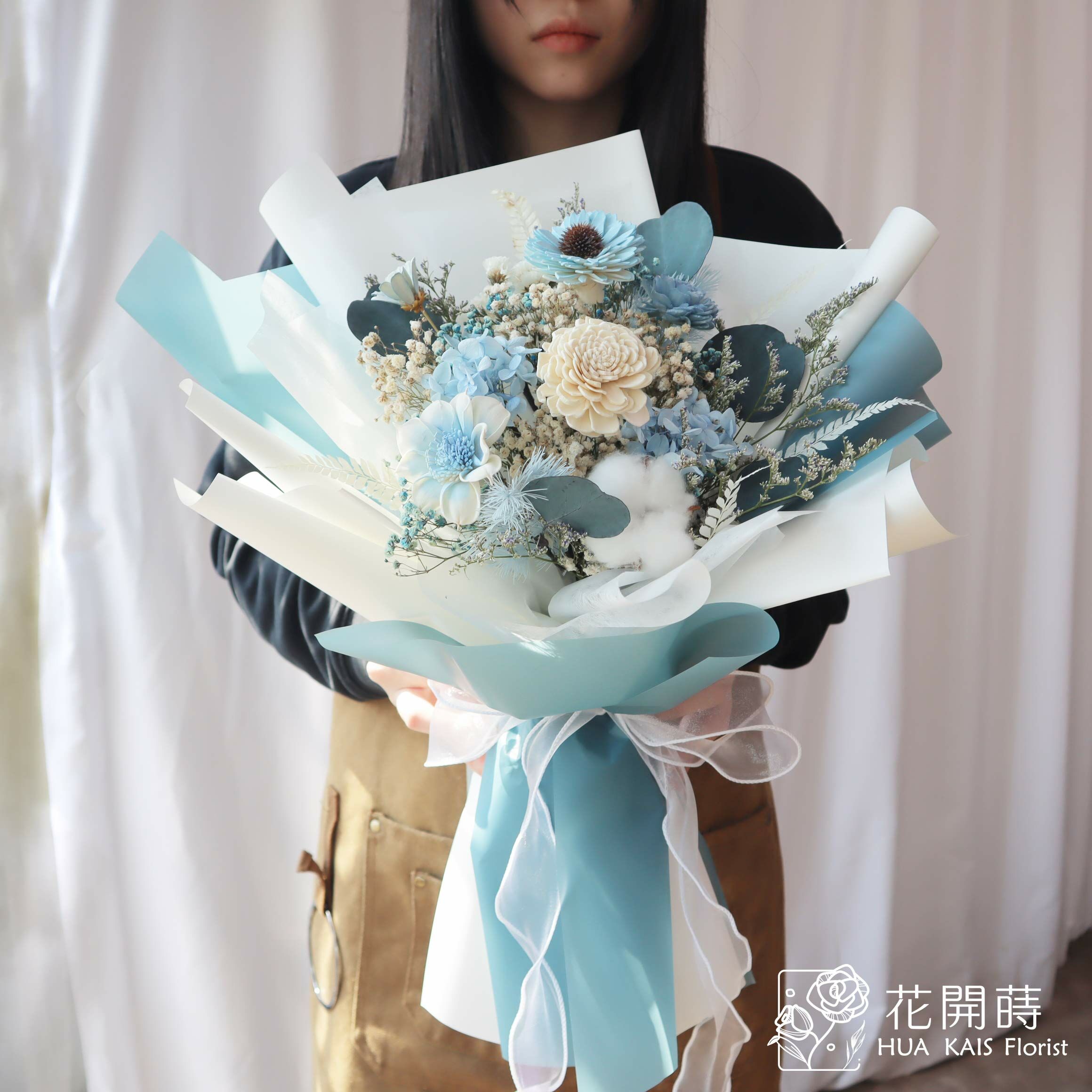 乾燥花束|藍太陽花乾燥花束(L)|中型花束|永生花|成交花束|畢業花束|母親節花束