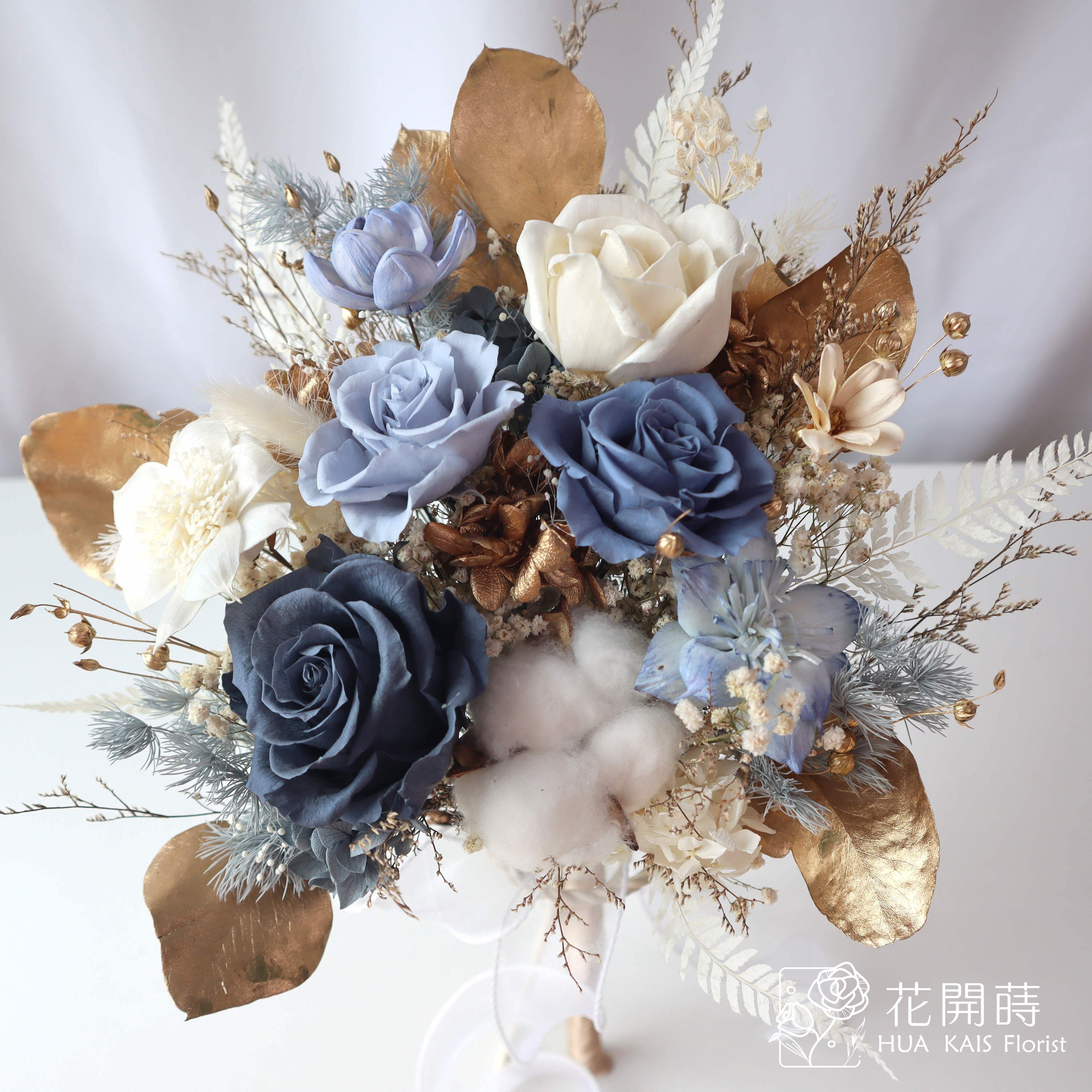 新娘捧花|霧藍金28cm新娘捧花|永生花捧花|外拍捧花|韓式捧花|圓形捧花|藍色捧花|捧花|永生捧花