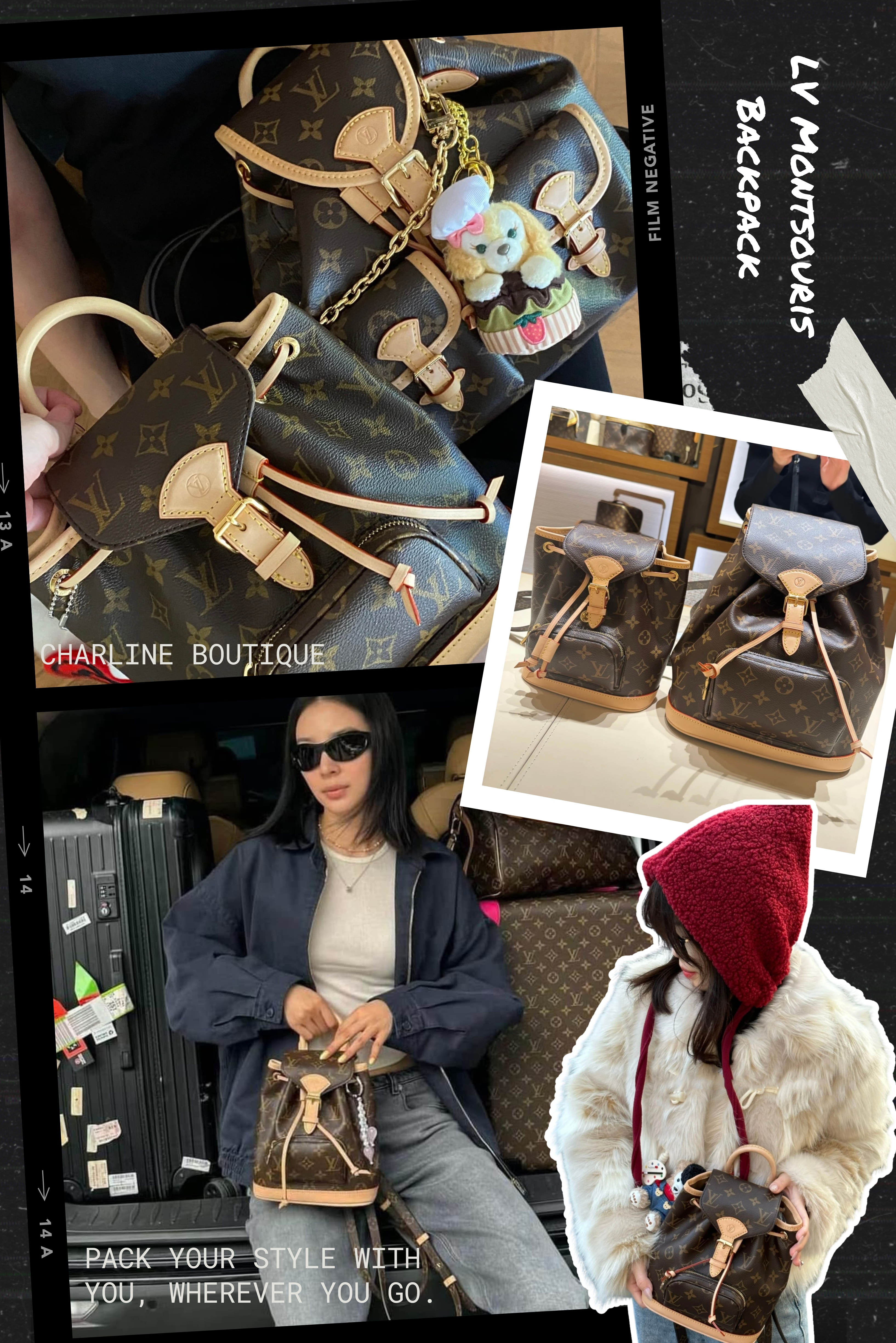 LV Montsouris Backpack —— 經典老花，集時尚與實用於一身的完美後背包！  LV Montsouris Backpack 採用 LV 經典 Monogram 帆布，搭配 Vachetta 天然牛皮飾邊，隨著時間使用，皮革將轉變為迷人的蜜糖色，展現專屬使用過後的個人風格。並且翻蓋 + 束繩開合設計，能確保包內物品安全，前方拉鍊口袋 讓交通卡、鑰匙、零錢等隨手可得，提升日常便利性。寬敞主隔層，可輕鬆分層收納手機、錢包、化妝品等日常用品，適合通勤與旅行使用。可調節式肩背帶 提供舒適的背負體驗，長時間使用也不會感到負擔，讓這款包成為多功能且百搭的時尚單品。  尺寸共有兩種可以選擇：✅ PM（27 x 33 x 14 cm）✅ MM（31 x 39 x 20 cm），更可以依照身高的高低來做選擇喔，是不是很貼心呢～