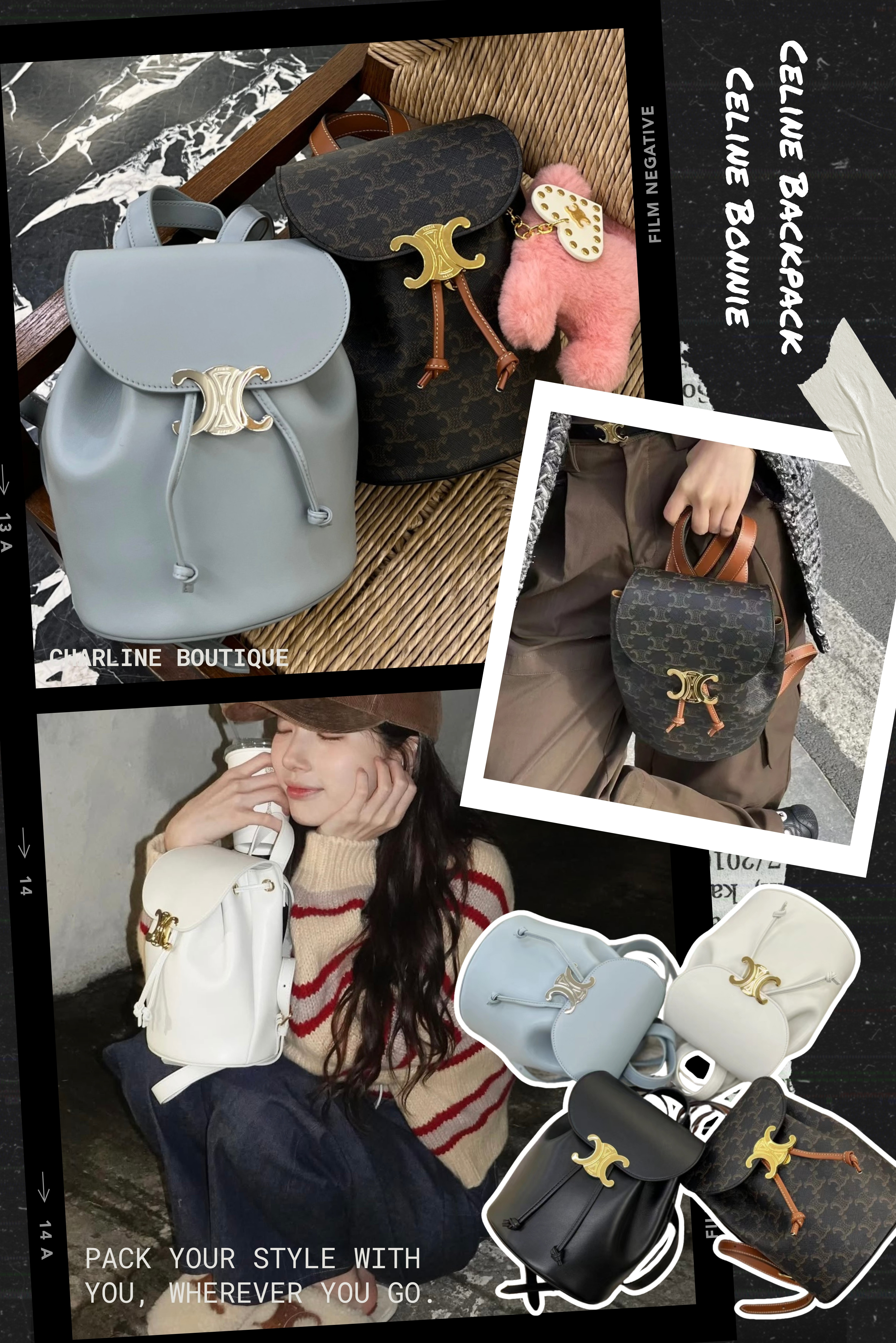 Celine Backpack Celine Bonnie —— 法式風格，優雅百搭 Celine Backpack Celine Bonnie 是品牌於 2025 年新推出的設計，將法式美學與實用功能完美結合。此款後背包提供全牛皮與帆布拼皮款共兩款，無論你追求全皮革的質感還是帆布拼皮的輕盈機能款，這系列都能找到。值得一提的是這款後背包有醒目的金色 Triomphe 釦環設計提升Celin該品牌的辨識度，搭配束繩＋磁扣的開合設計，兼顧安全性與便利性。單一尺寸則無尺寸上的需選擇障礙，搭配可調式肩背帶，無論是高個子還是嬌小女孩都能輕鬆駕馭，是年齡層較的女孩們的理想後背包！