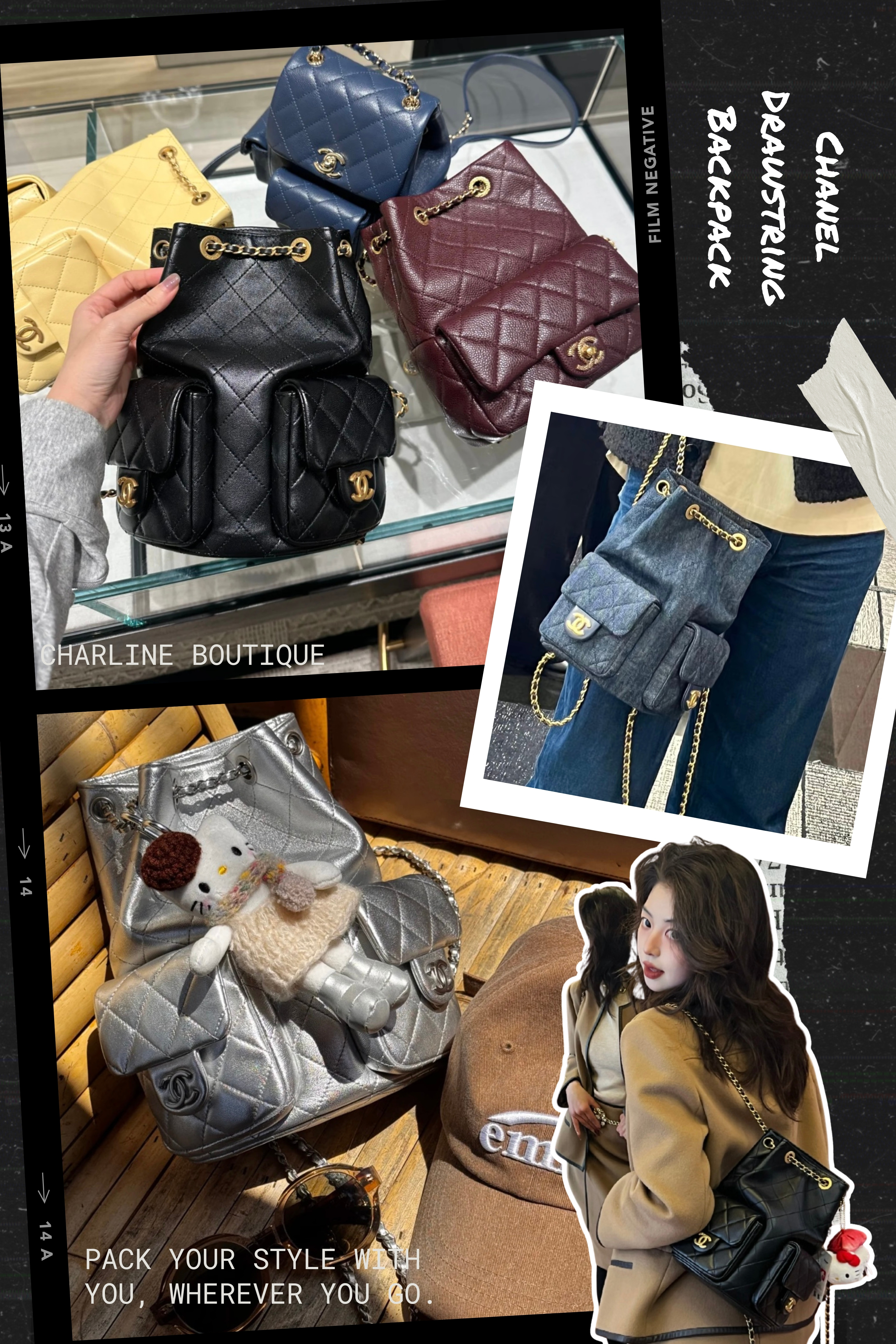 Chanel Drawstring Backpack —— 專屬菱格魅力，奢華街頭 Chanel Drawstring Backpack 是一款能讓人眼睛為之一亮，瞬間提升整體造型、又具收納力的精品後背包！自 25C 系列亮相以來便備受矚目，一上市即秒殺，實力可見不凡～整體保留經典菱格紋、另有小羊皮或丹寧材質可作選擇、皮穿鏈條背帶與雙 C Logo，保留經典的Chanel傳統元素與造型卻又有創新的突破。小羊皮版本柔軟澎潤，手感極佳，銀色的金屬色款更具未來感；而丹寧材質則耐磨又減齡，怎麼背都吸睛！前方雙收納口袋設計讓機能性更上一層樓，流行時尚與實用奢華集於一身，可說是Chanel迷搶購的一款全能後背包。