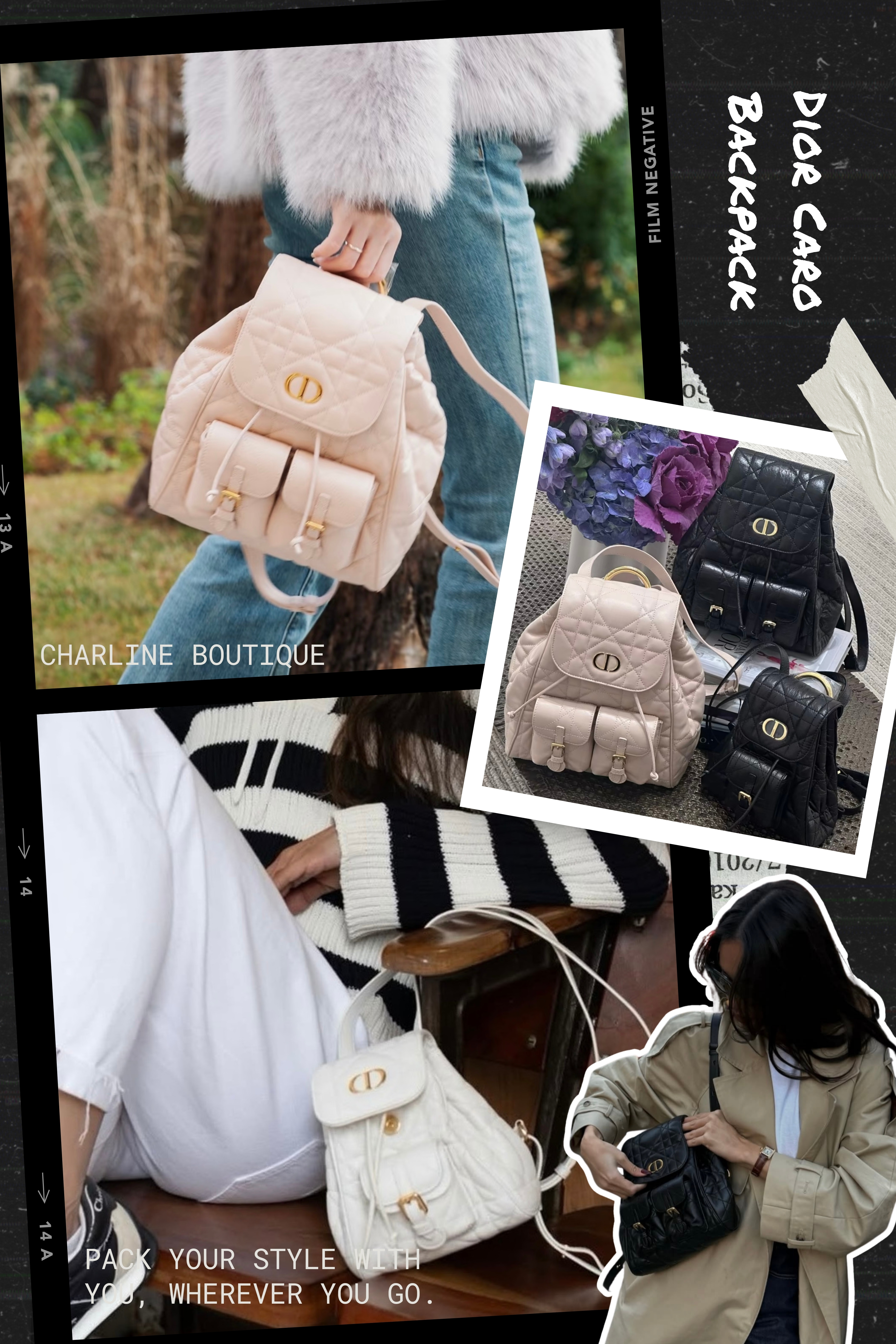 Dior Caro Backpack —— Cannage 雋永經典格紋後背包 Dior Caro Backpack延續 Dior 經典 Cannage 藤格紋縫線元素，於 2025 早春系列全新亮相，展現品牌細膩的工藝與創新設計。除了全小羊皮款式，還推出閃耀奢華的毛呢金蔥款，極適合喜愛與眾不同的Dior狂粉。顏色選擇上也很豐富，從經典黑、柔和奶茶到甜美粉色應有盡有！尺寸共有 ✅ 小號（18 x 18.5 x 8.5 cm）✅ 中號（23 x 26.5 x 12.5 cm），搭配束繩翻蓋設計，完美兼顧造型與收納，無論日常或出遊都好搭！若想要更具個人風格毛呢金蔥款絕對是小編的首推！