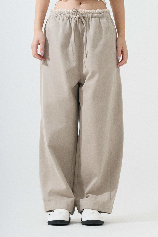 拼荷葉花邊腰頭闊斜褲（現貨款式）