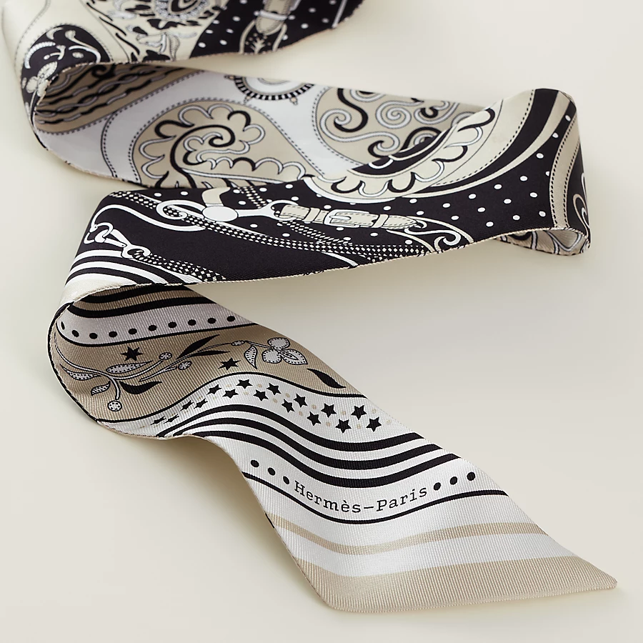 HERMES Festival des Amazones Bandana Twilly grège / noir / blanc