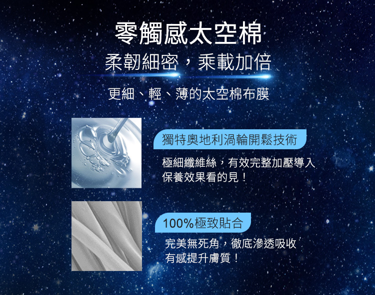零觸感太空棉,獨特奧地利渦輪開鬆技術,柔嫩細密,承載加倍,更細、輕、薄,100%極致貼合