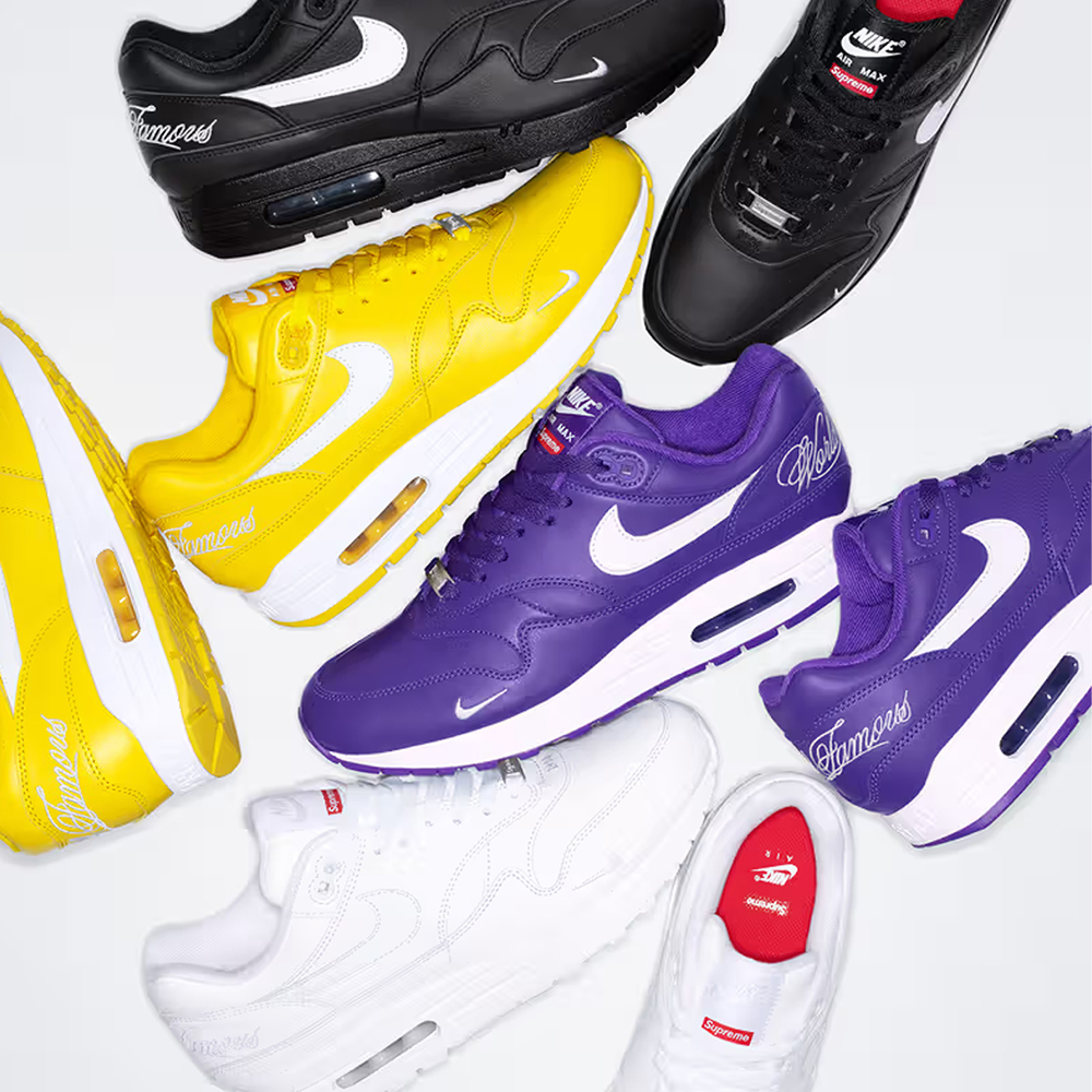 Supreme x Nike Air Max 1 2025 黑色 紫色 黃色 白色 蛇麟 刺繡字體 小鉤 氣墊 復古休閒鞋 HF8813-001-100-500-700