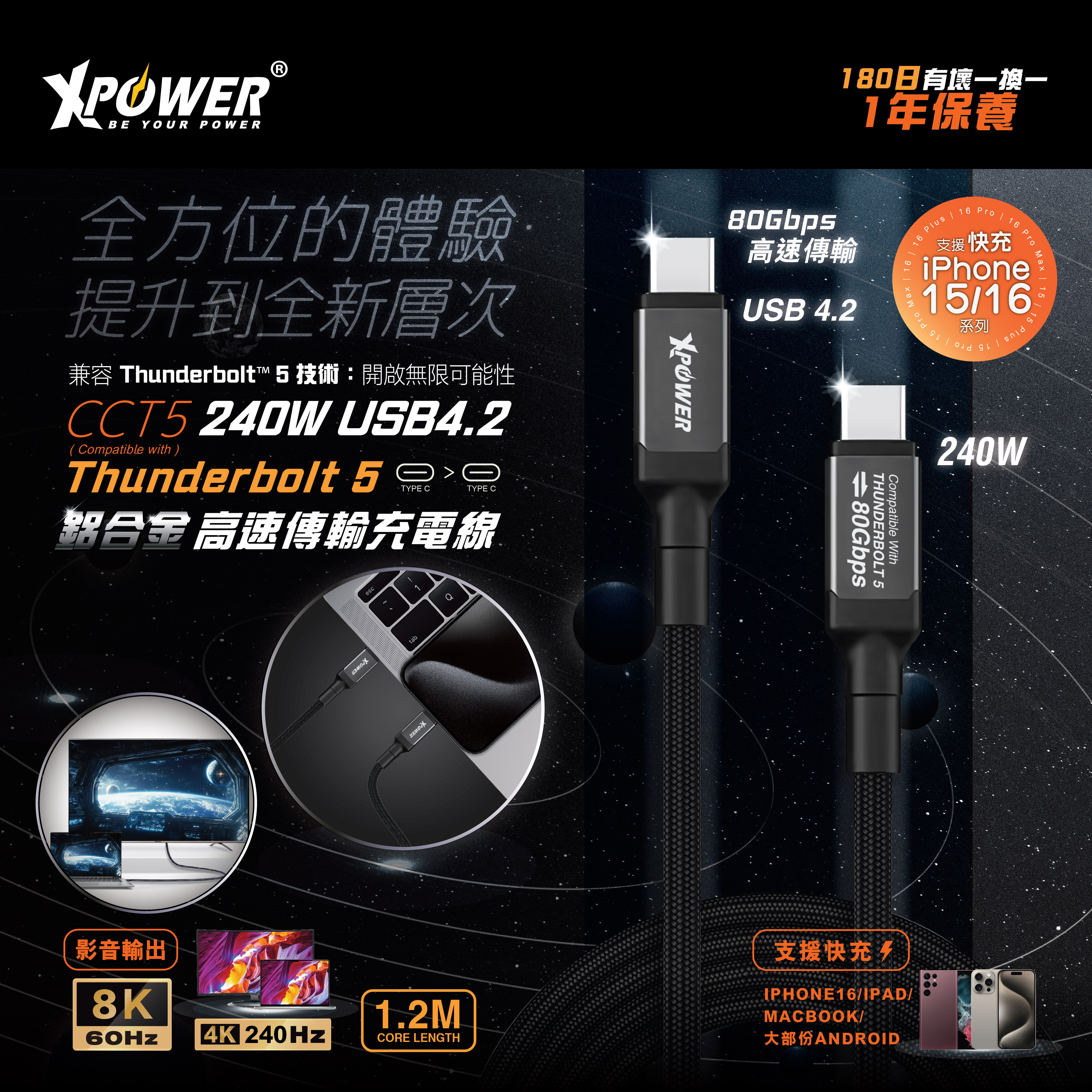 XPower CCT5 1.2M 鋁合金 Thunderbolt 5 240W USB4.2 高速傳輸充電 Type-C>Type-C線