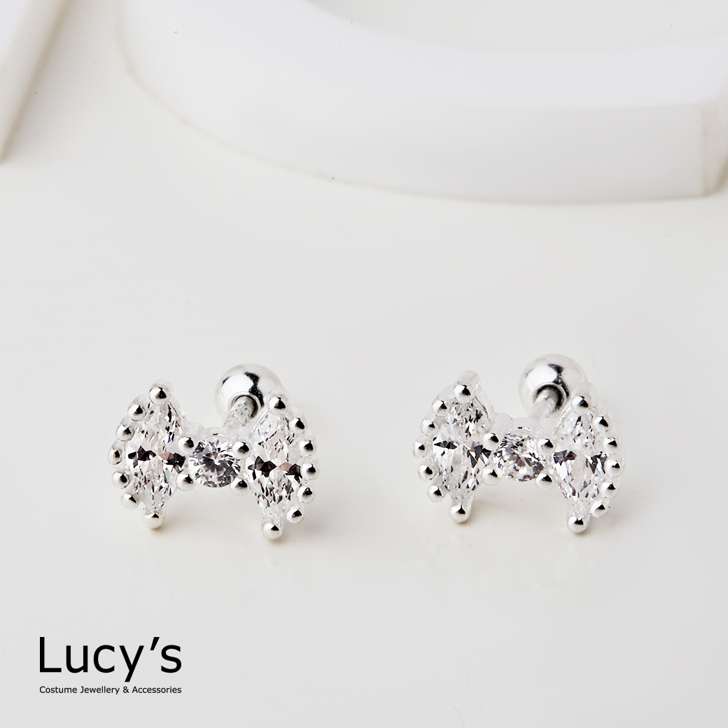 925純銀 晶鑽領結 轉珠耳環 (121362)