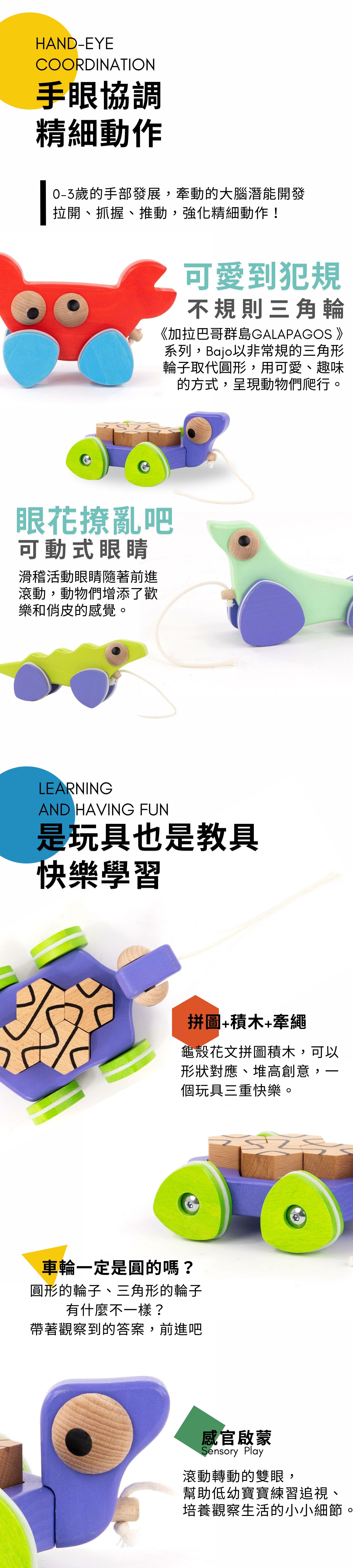 BAJO 動物系列 | 大眼滾滾拼圖海龜-拉繩玩具