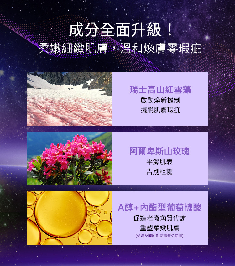 成分全面升級!柔嫩細緻肌膚,溫和煥膚零瑕疵,瑞士高山紅雪藻:啟動煥新機制擺脫肌膚瑕疵;阿爾卑斯山玫瑰:平滑肌表告別粗糙;A醇+內酯型葡萄糖酸:促進老廢角質代謝,重塑柔嫩肌膚(孕婦及哺乳期間避免使用)