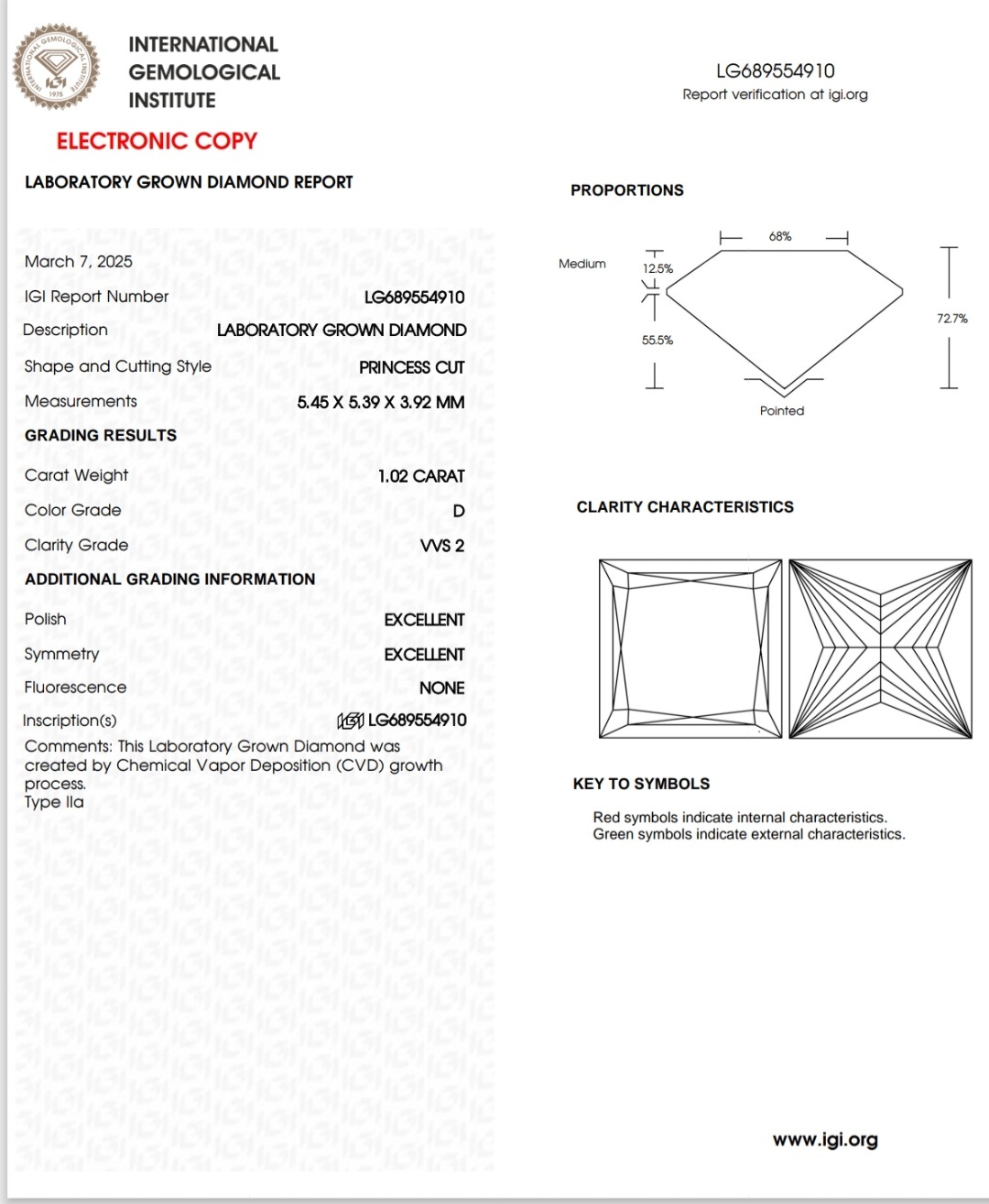 IGI LAB GROWN 1.02 D VVS2 2EX NON