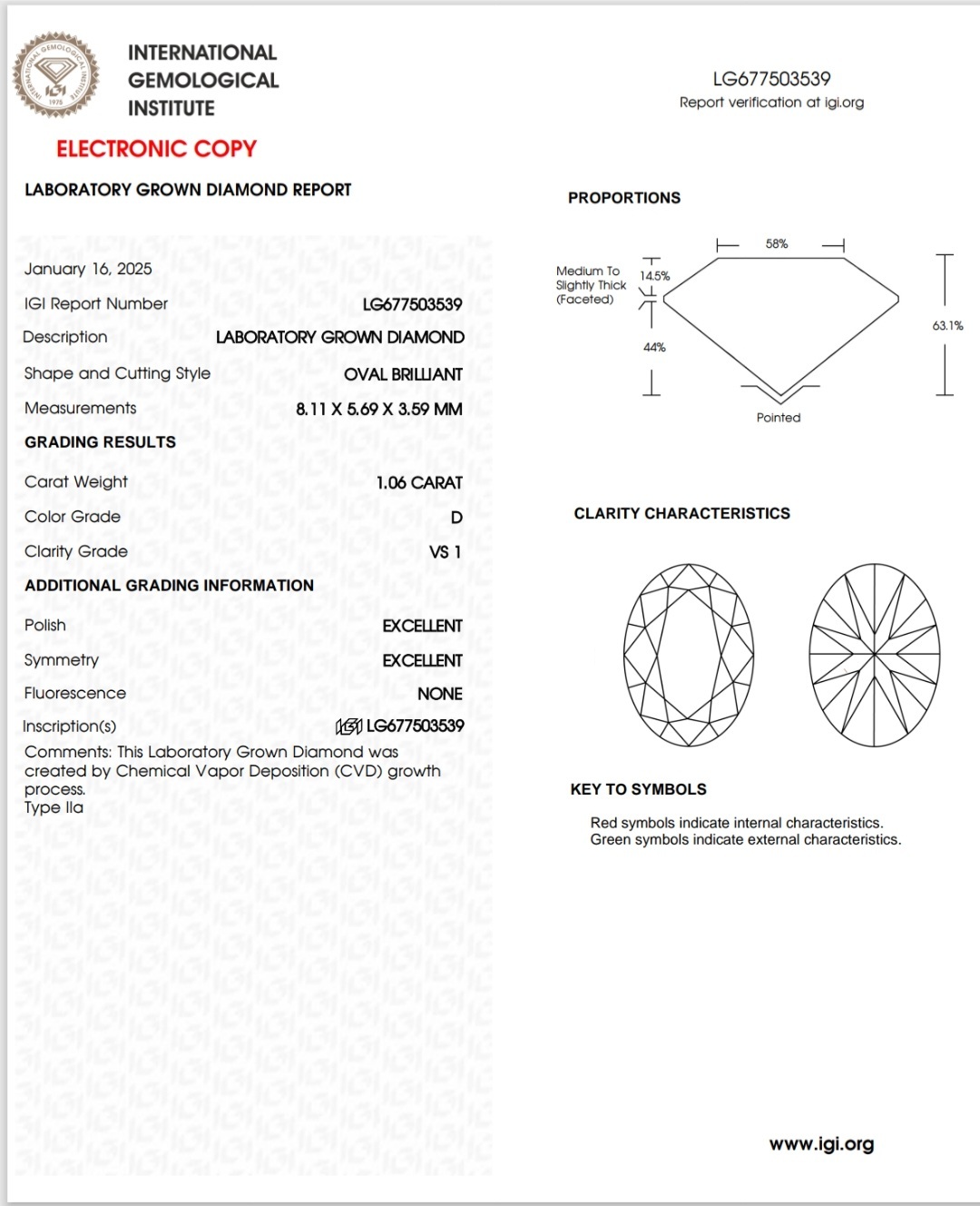 IGI LAB GROWN 1.06 D VS1 2EX NON