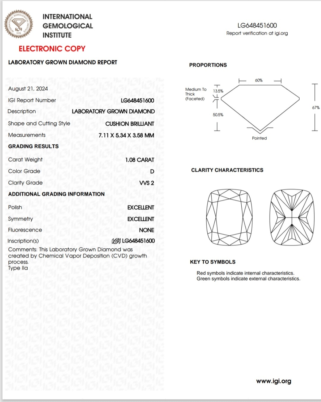 IGI LAB GROWN 1.08 D VVS2 2EX NON