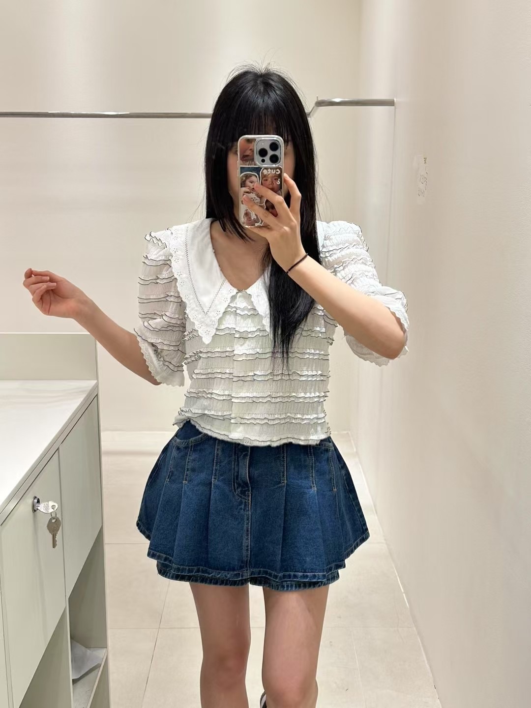 兩釦傘百褶牛仔褲裙