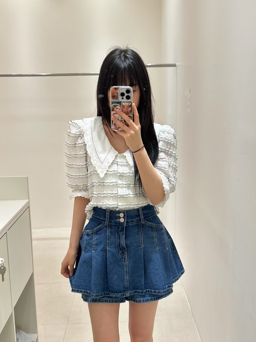 兩釦傘百褶牛仔褲裙