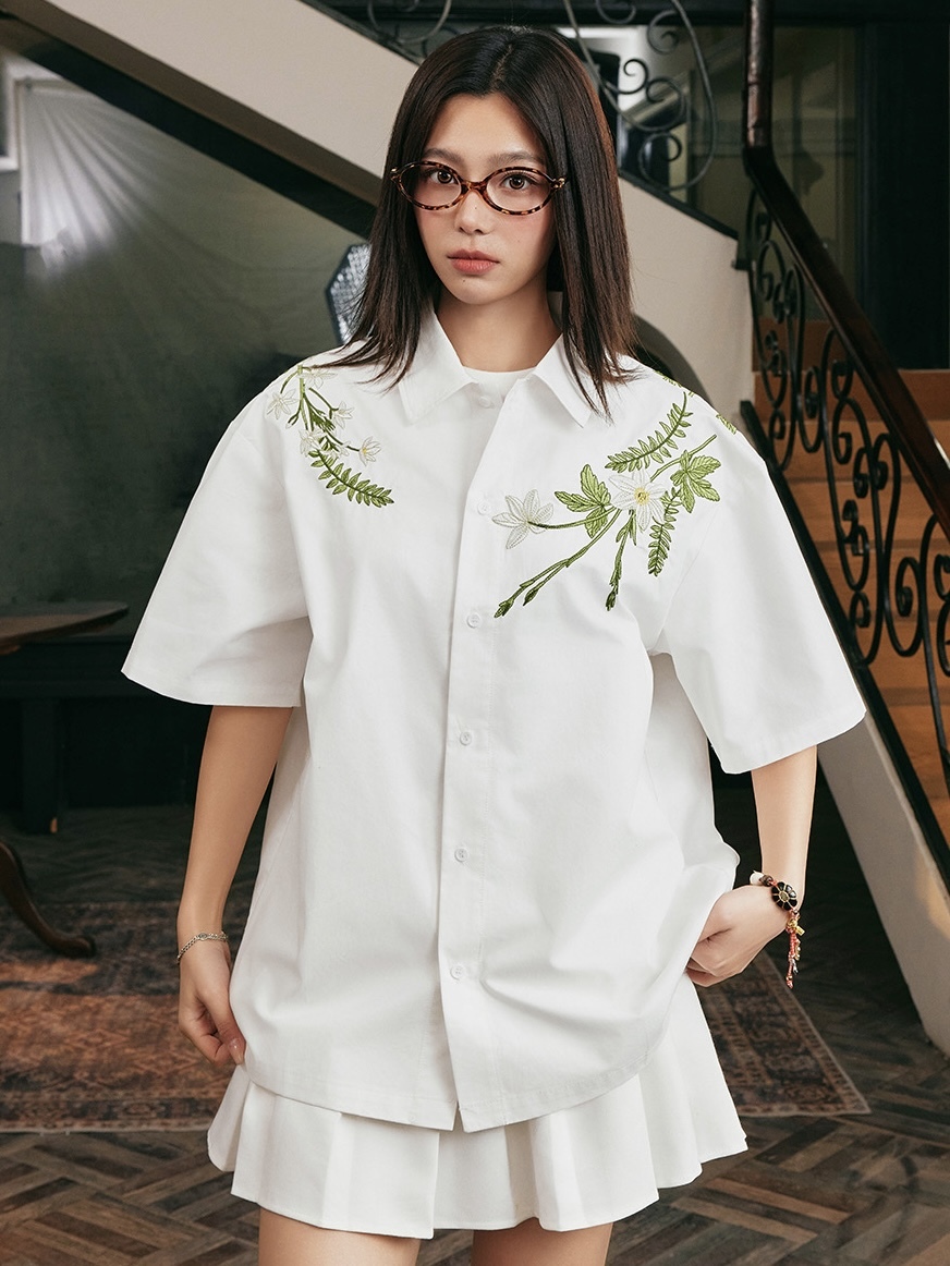 harsh and cruel 2025SS 刺繡花卉 寬鬆 古巴領 短袖襯衫
