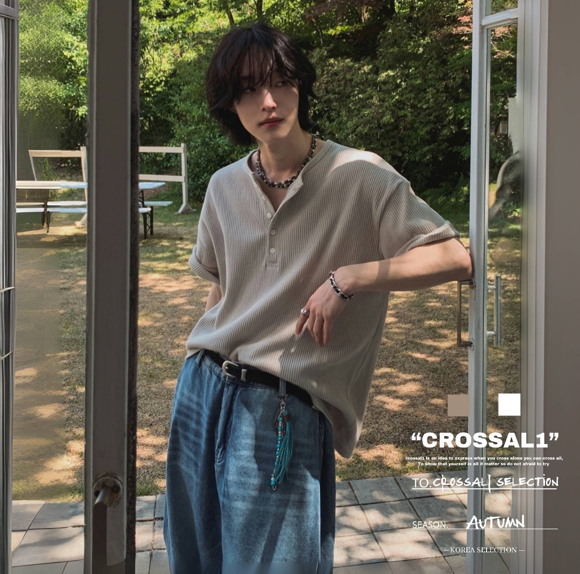 華夫格亨利領短袖上衣