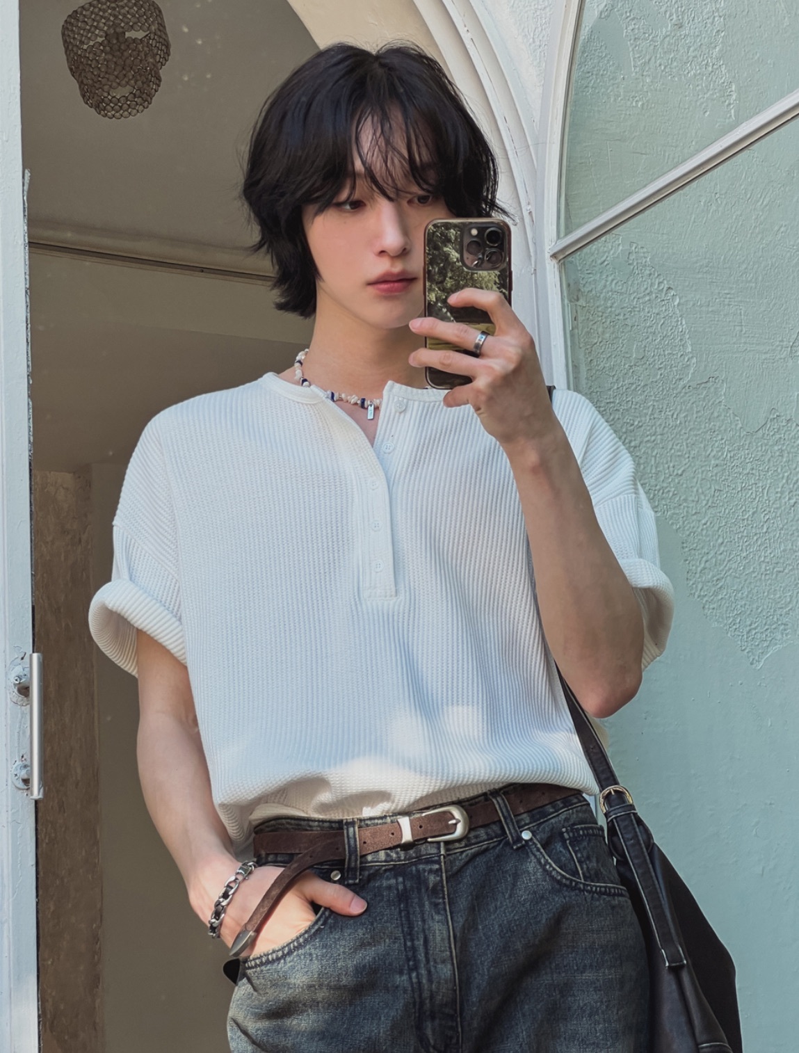 華夫格亨利領短袖上衣