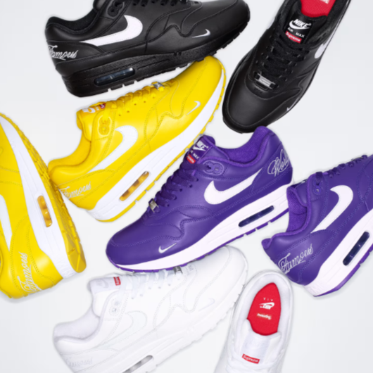 Supreme x Nike Air Max 1 黑色 全白 紫色 黃色 氣墊 厚底 刺繡小勾 聯名款