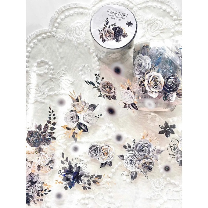 韓國 ggaggong．闇色浮金花朵 6cm立體亮面PET紙膠帶 <只有整捲>