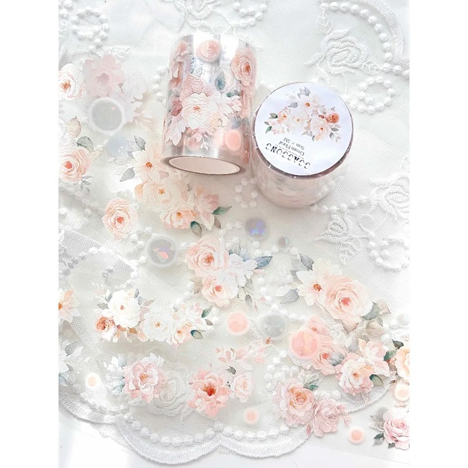 韓國 ggaggong．奶油色花朵 6cm立體亮面PET紙膠帶 <只有整捲>