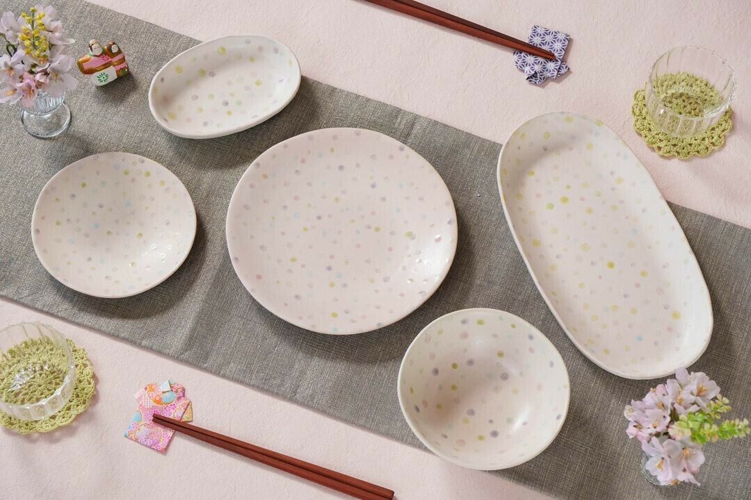 日本 文山窯 彩色點點 橢圓盤