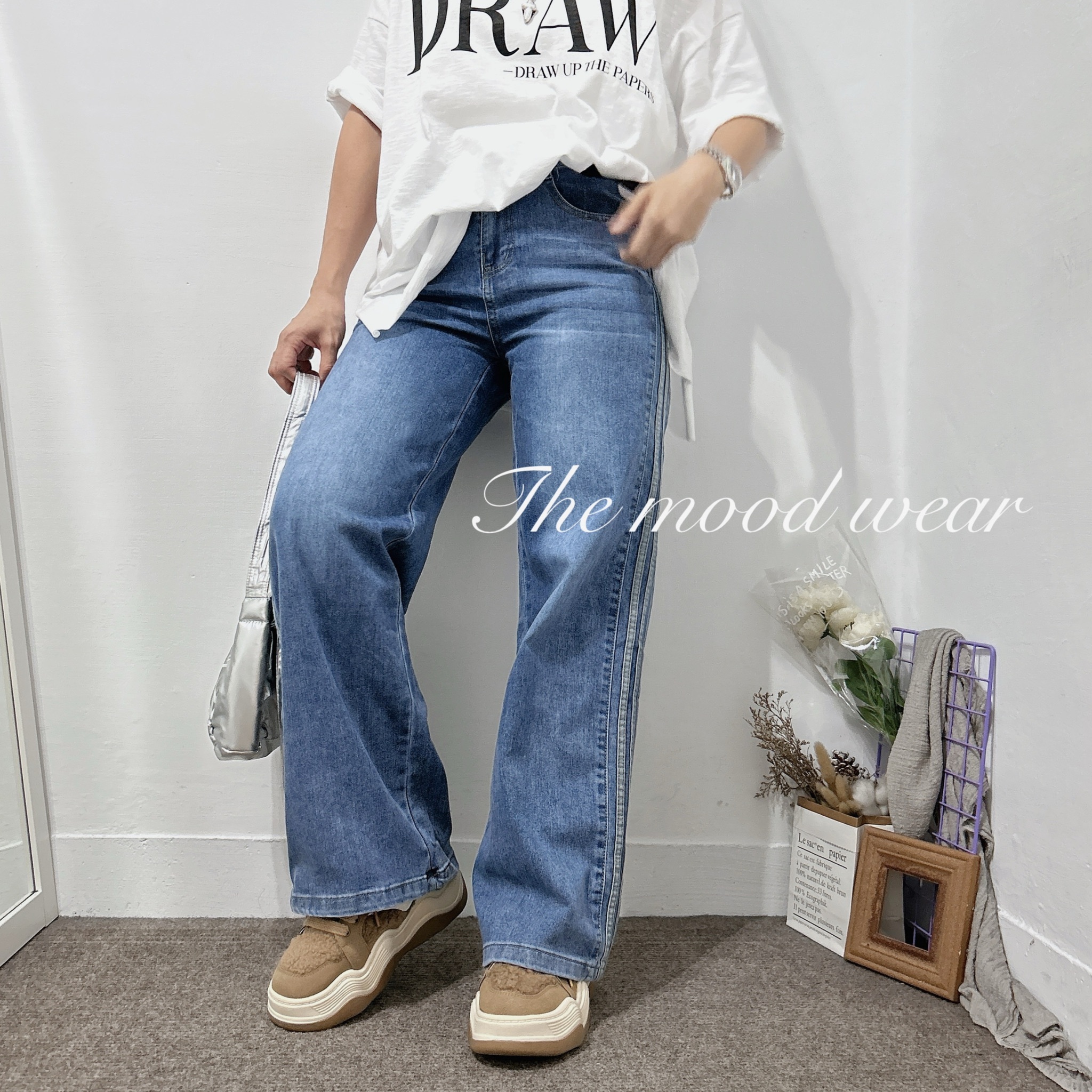 S-3XL側邊運動邊條牛仔寬褲