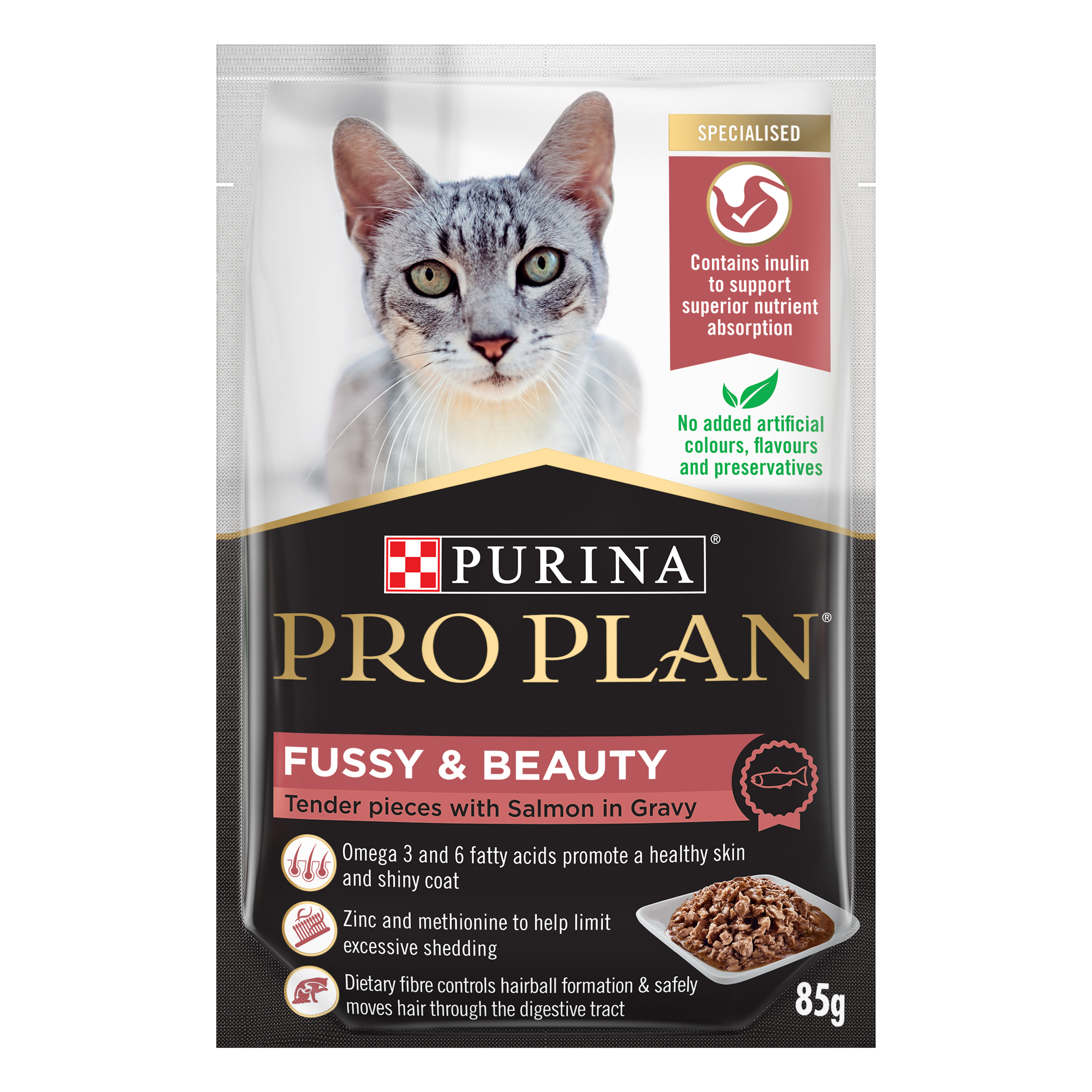 PRO PLAN® Fussy Beauty Tender pieces with Salmon Gravy – Wet Cat Food 85g x 12