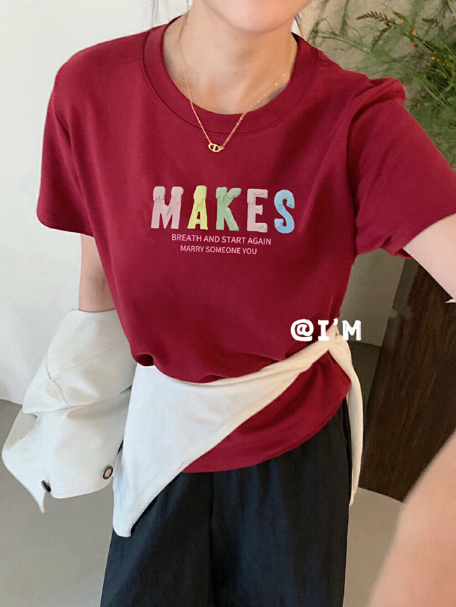 超彈短袖彩色英文字上衣-現貨