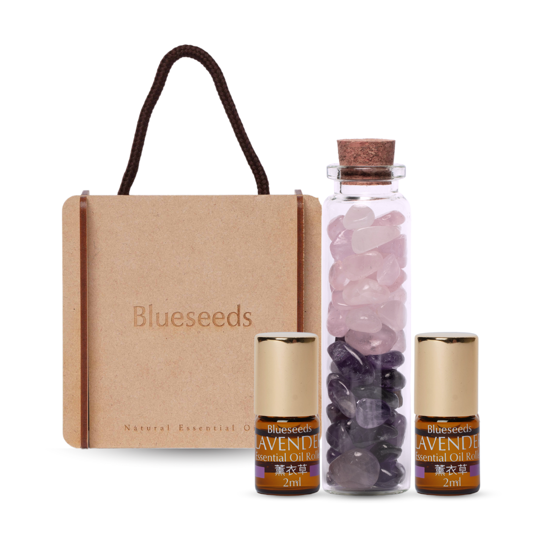 【助力事業與人緣】萬人迷好事成雙精油禮盒 3+1組 （薰衣草滾珠精油2ml x2 + 粉水晶&紫水晶小晶瓶 + 手工木盒）