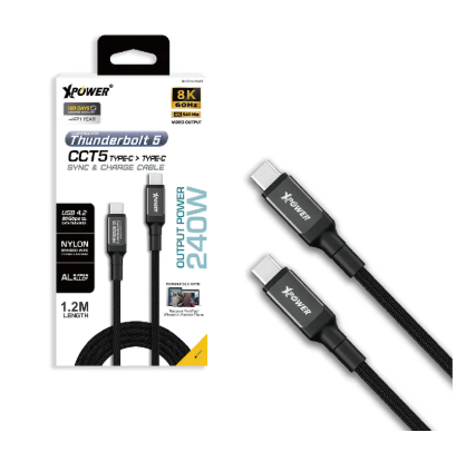 （2026新年限時優惠）XPower CCT5 1.2M 鋁合金 Thunderbolt 5 240W USB4.2 高速傳輸充電 Type-C>Type-C線