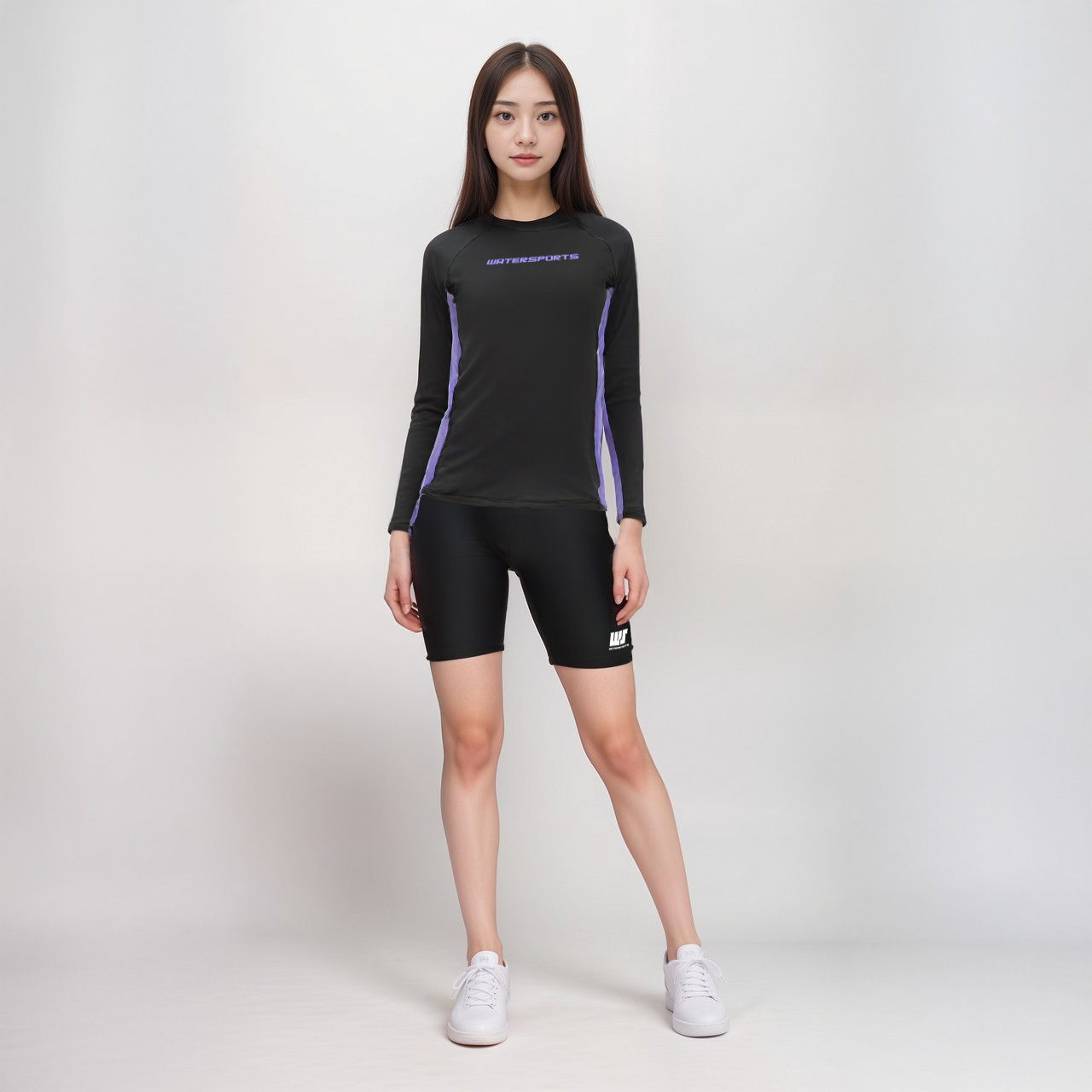 女士長袖游泳防曬上衣內襯運動內衣 - 黑/紫