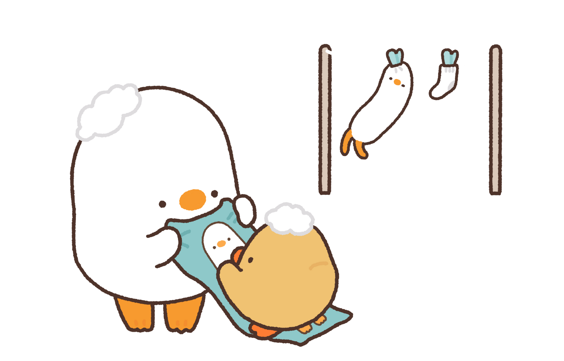 鴨梨子與小鴨鴨洗完澡在晾曬擦髮巾的插畫