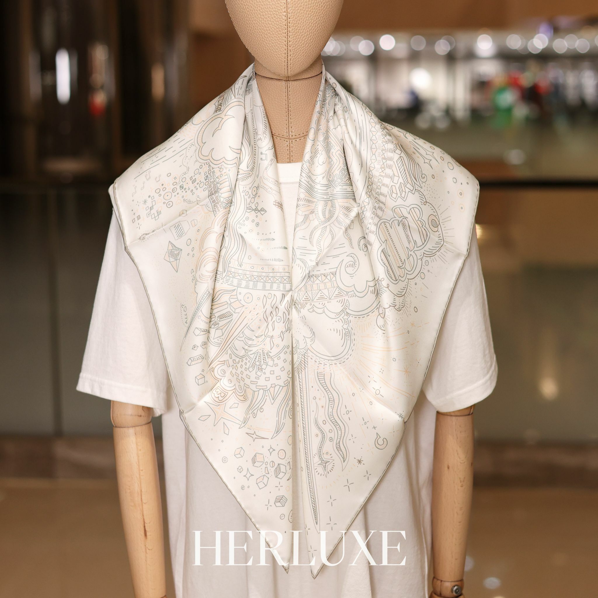 Please Hold The Line scarf 100%soie 90x90cm blanc / rose nacre / vert-de-gris