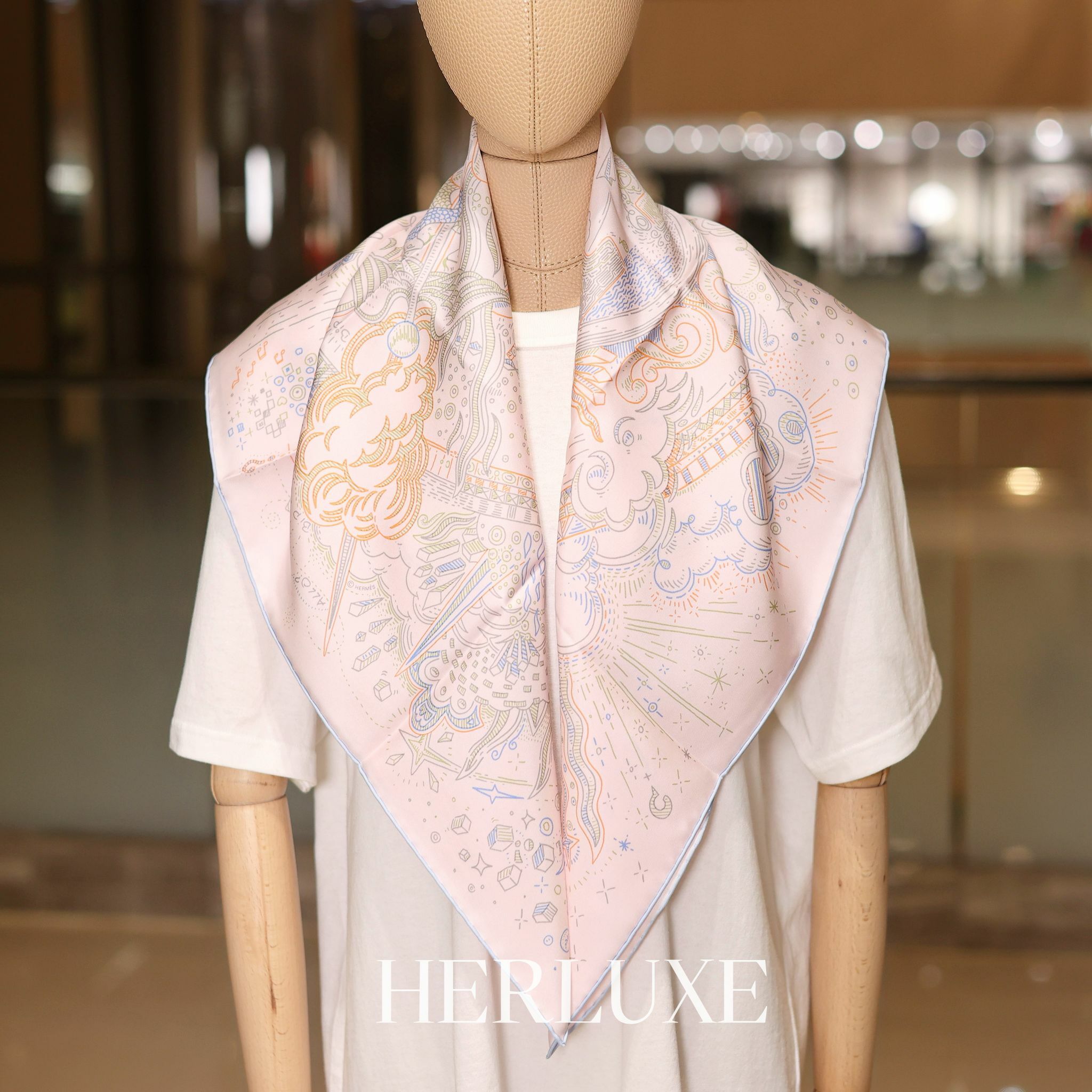 Please hold the line scarf 100%soie 90x90cm rose pâle / bleu ciel / orange