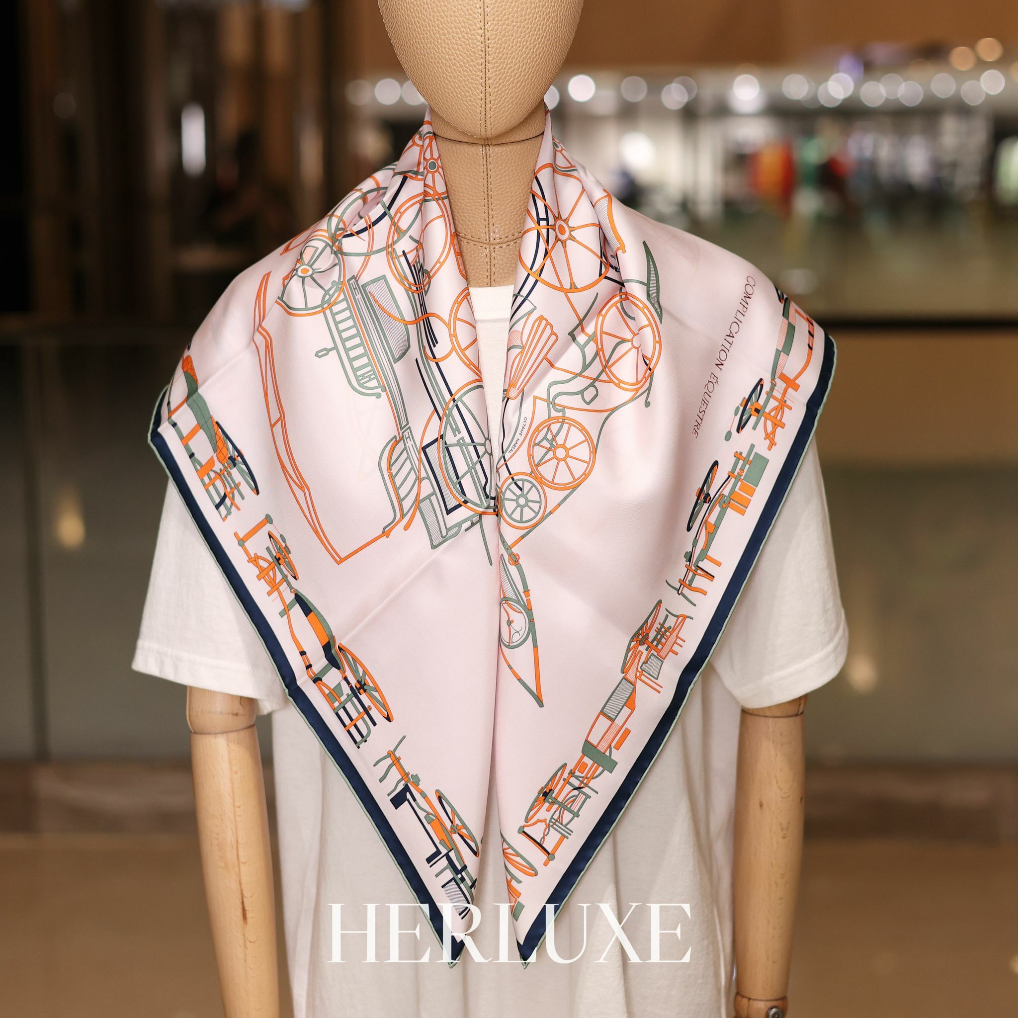 Complication equestre rose pale / orange / kaki scarf 100%soie 90x90cm